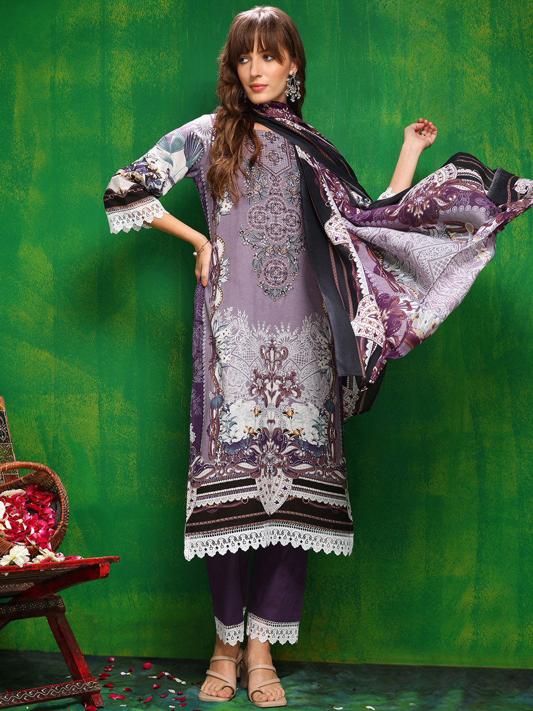 KALINI Floral Printed Round Neck Cambric Cotton Straight Kurta With Trousers & Dupatta