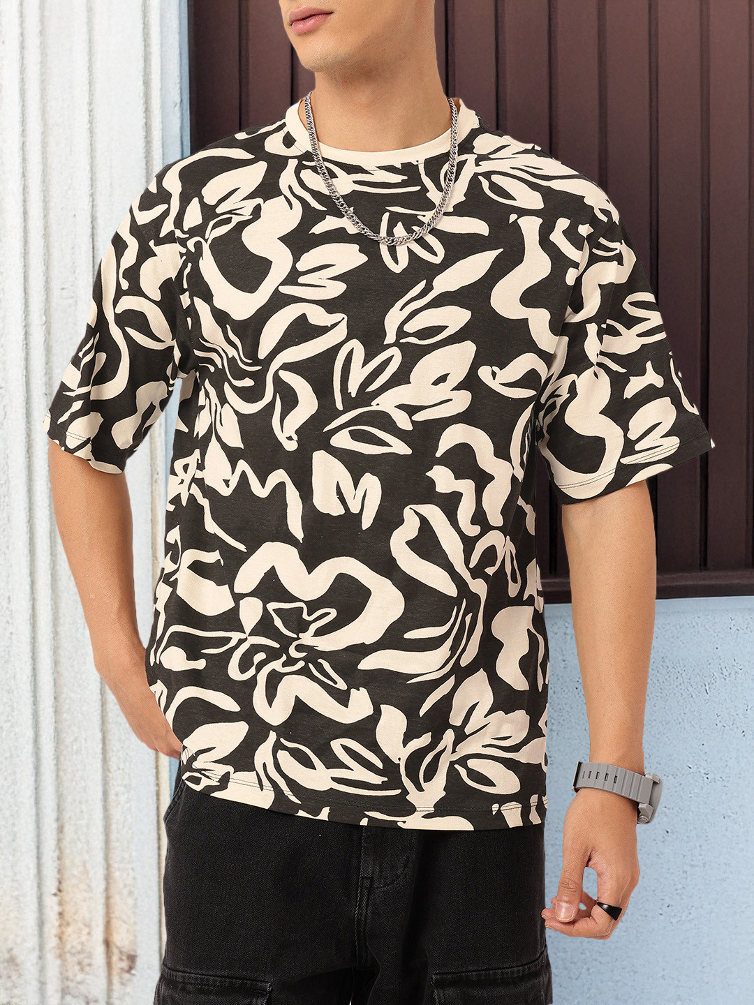 Kook N Keech Monochrome Tropical Printed Relaxed Fit T-shirt