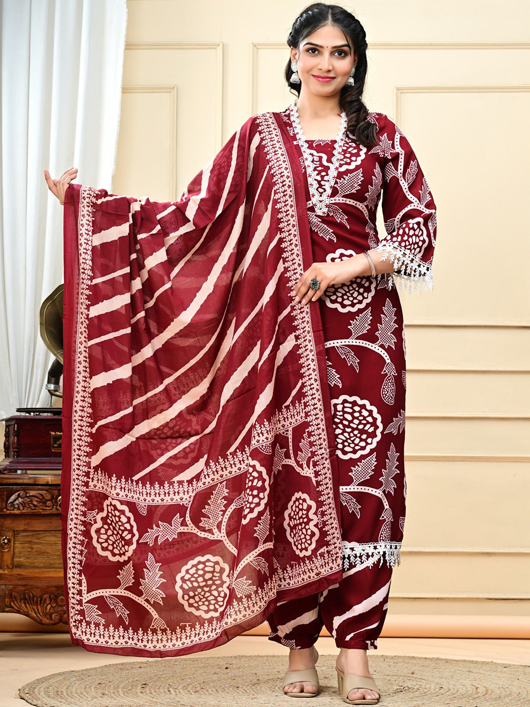 RAABA Floral Printed Square Neck Mirror Work Straight Kurta With Salwar & Dupatta