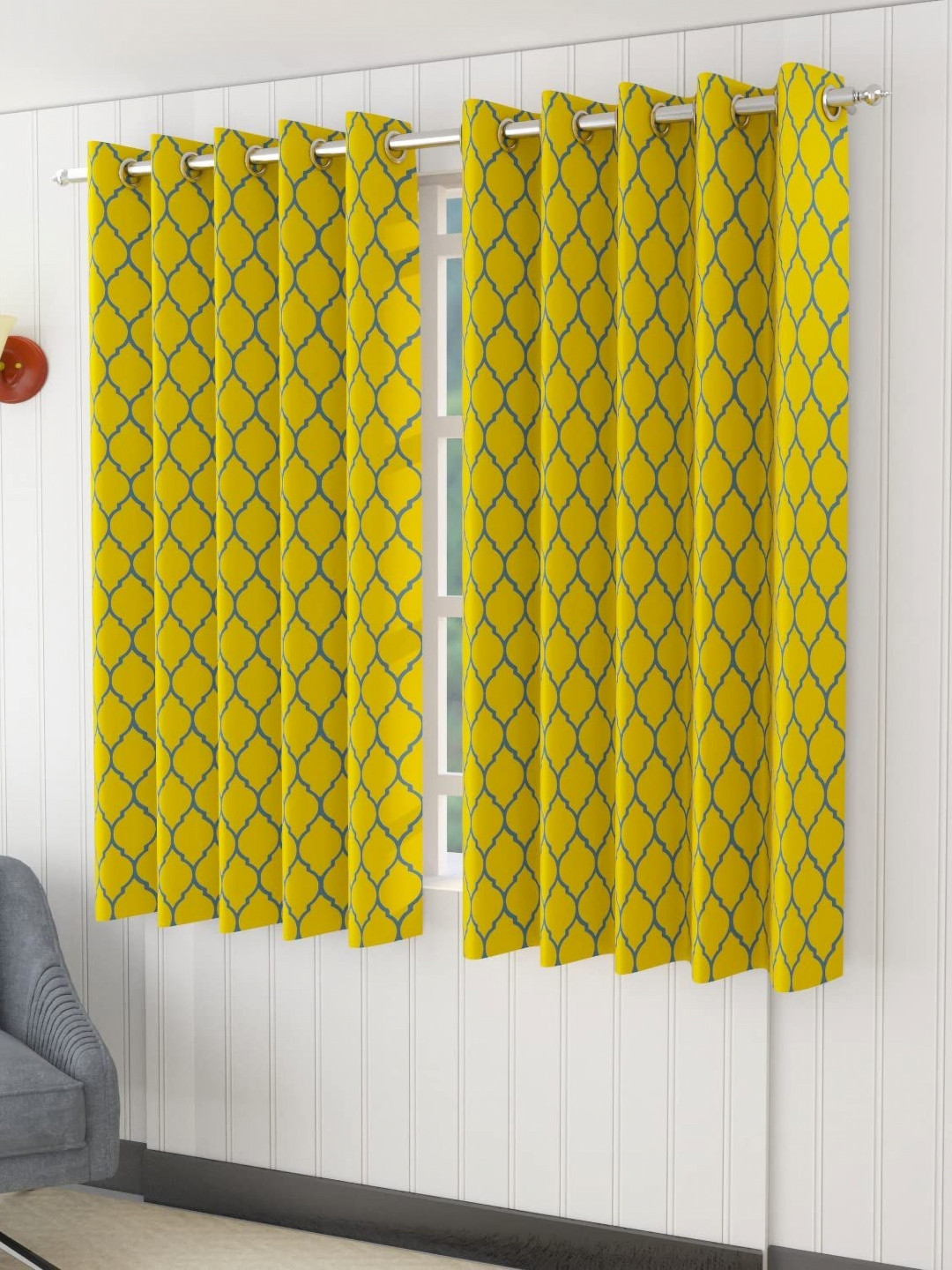 Trance Home Linen Mustard And Blue 2 Pieces Geometric Printed Cotton Window Curtains