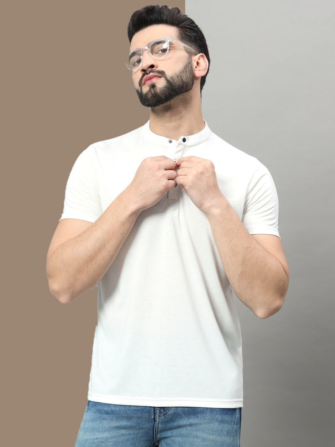 OGEN Men White Henley Neck T-shirt