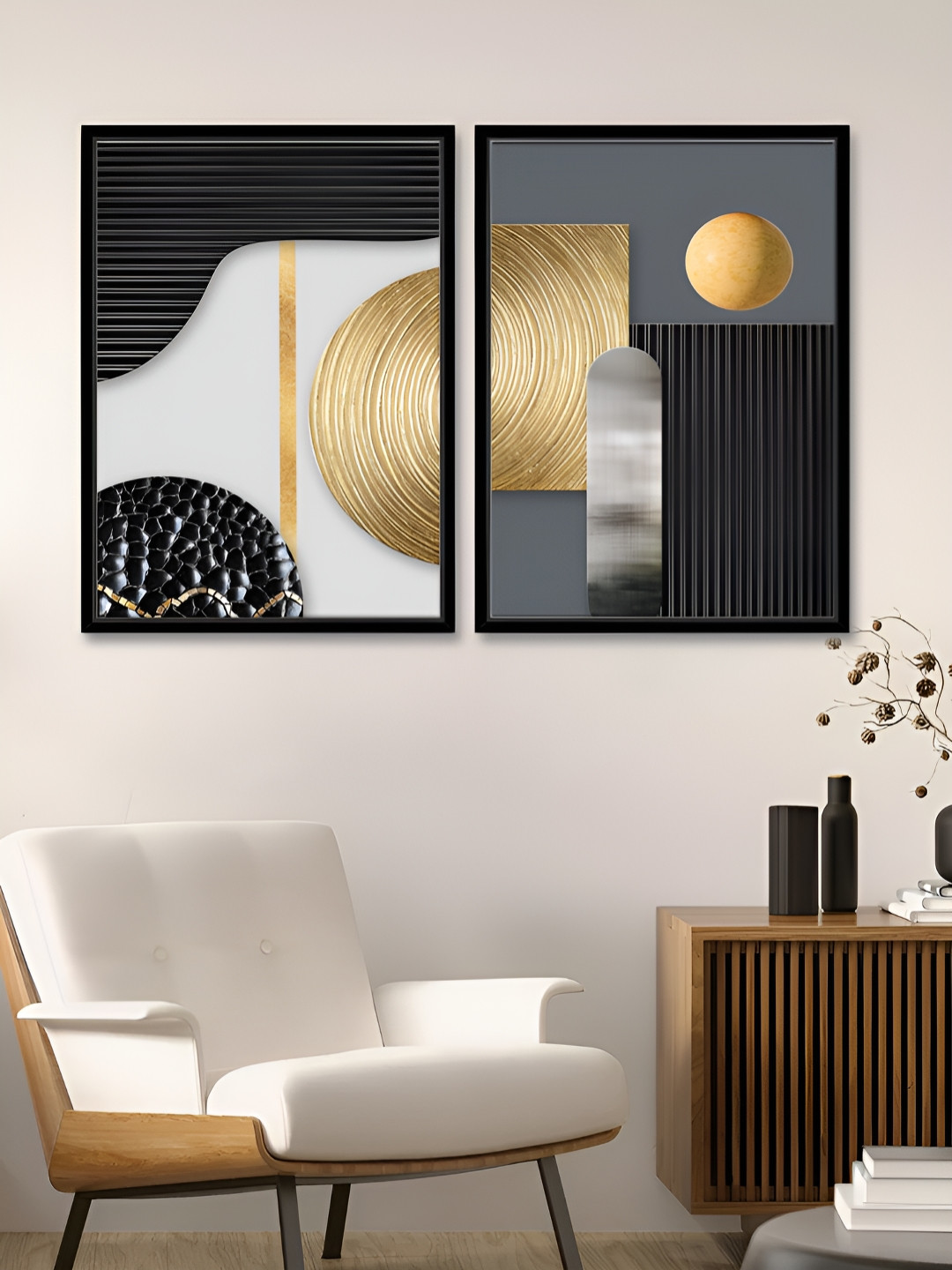 Art Street Retro White & Gold-Toned 2 Pieces Printed Canvas Wall Paintings