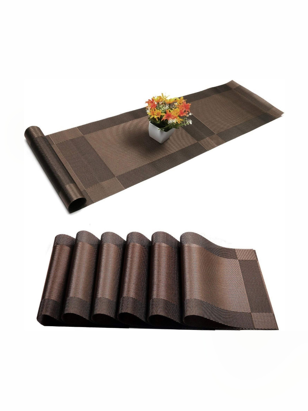 We3 7 Pieces Brown Woven Vinyl Textured Table Placemats With Table Runner