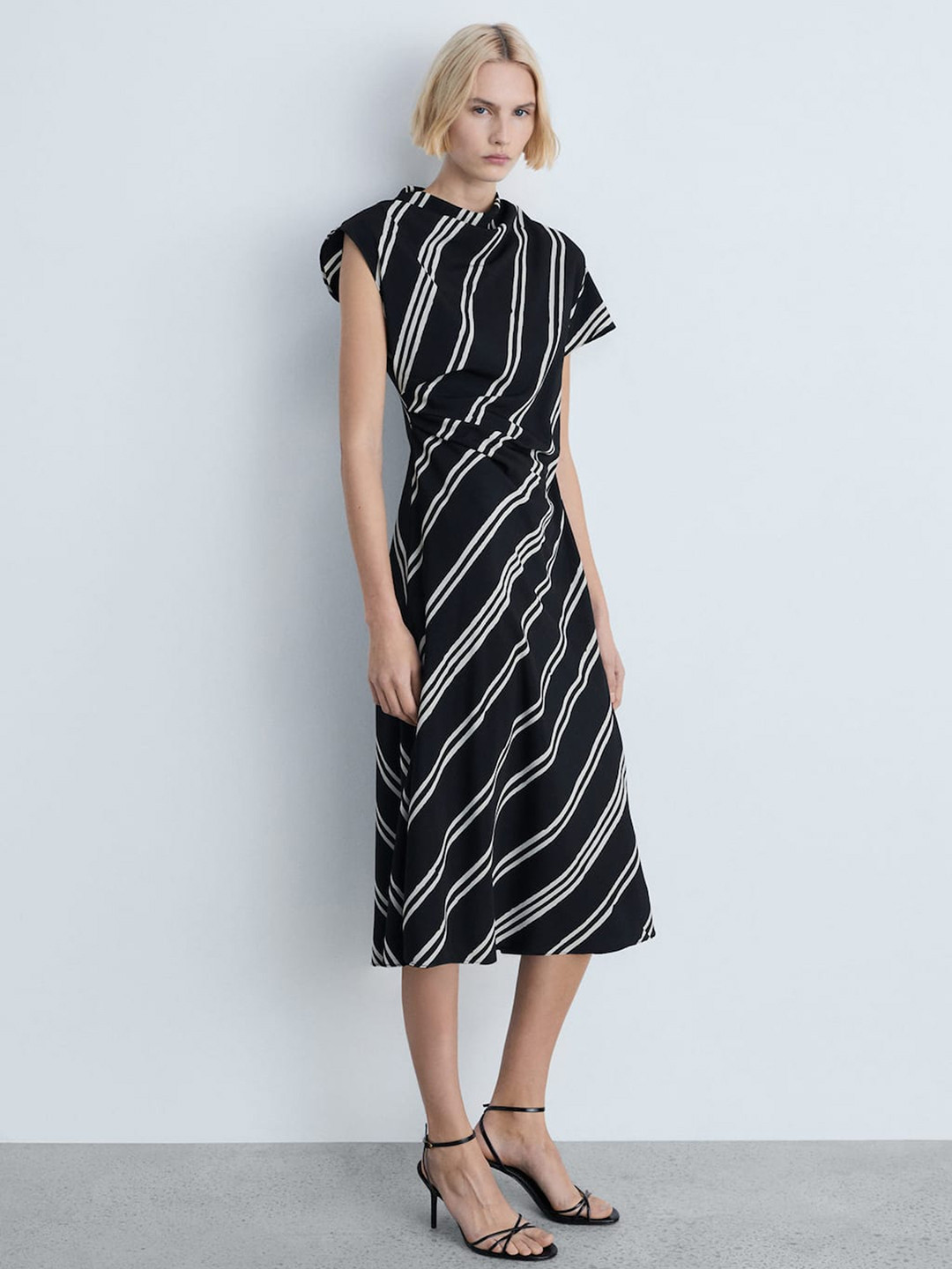 MANGO Diagonal Stripes Ruched Effect Cowl Neck A-Line Midi Dress