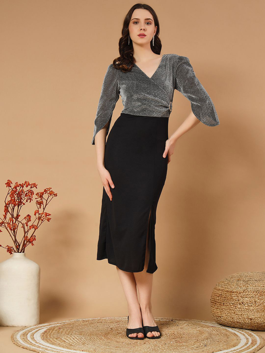 BhartiTrend Flared Sleeve Layered Crepe Bodycon Dress