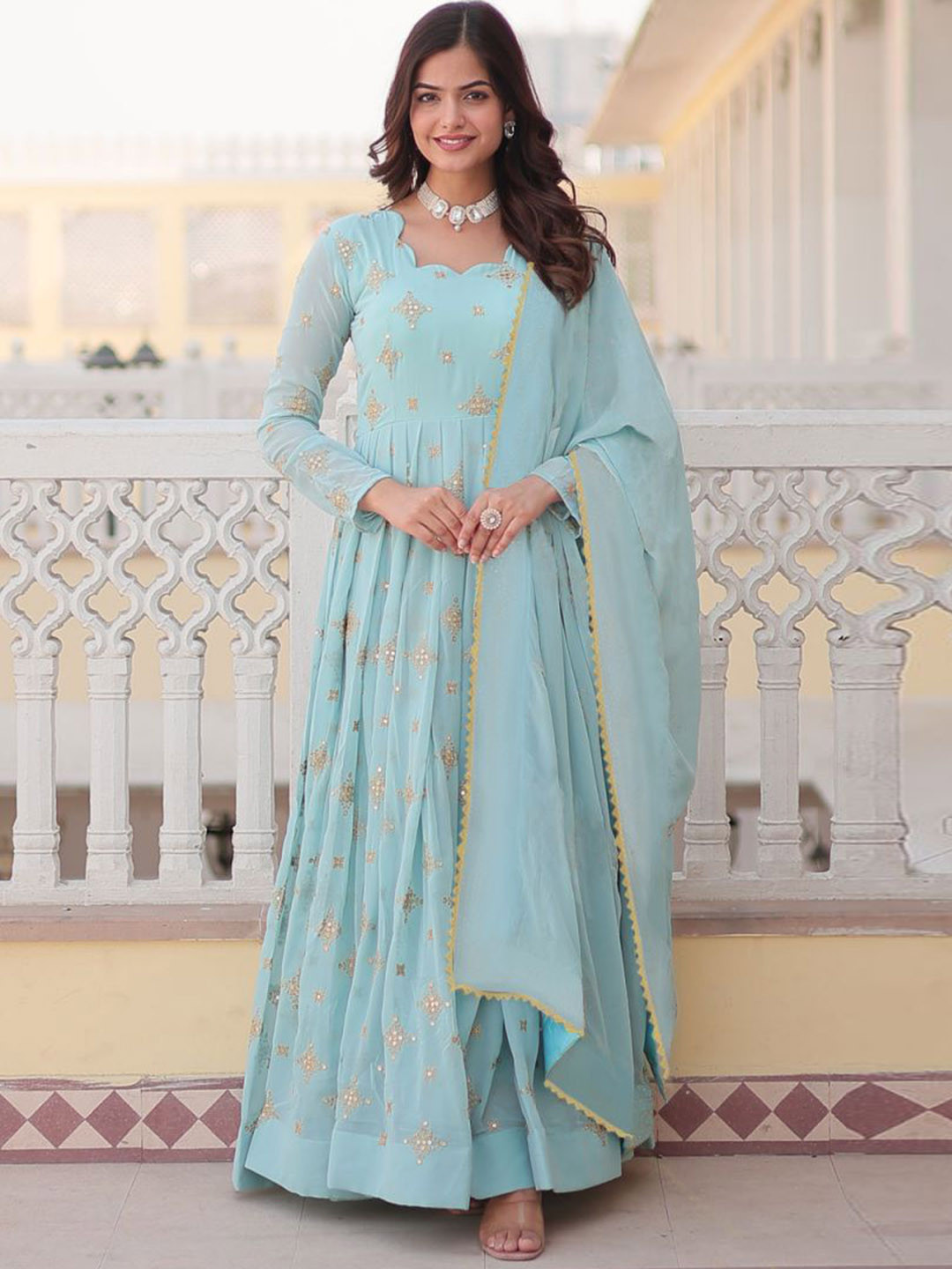 Moda Rapido Embroidered Floral Square Neck Georgette A Line Ethnic Dress