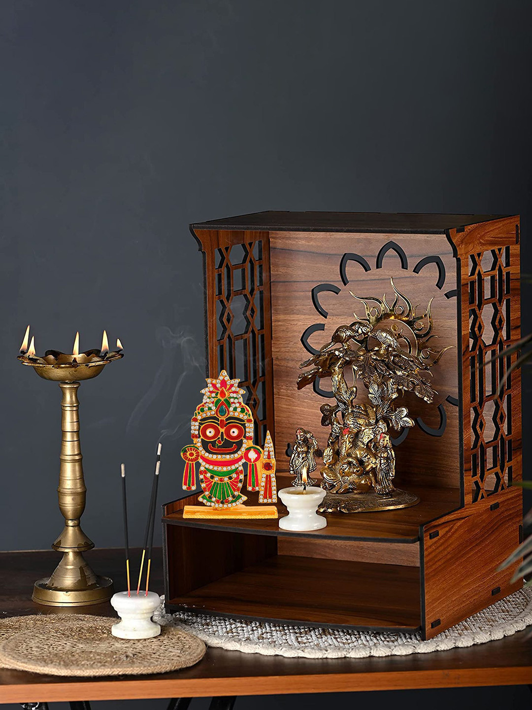 MEMOIR Meenakari CZ Jagannath Gold Brass Metallic Prayer Room Small Showpiece - 3.5 Inches
