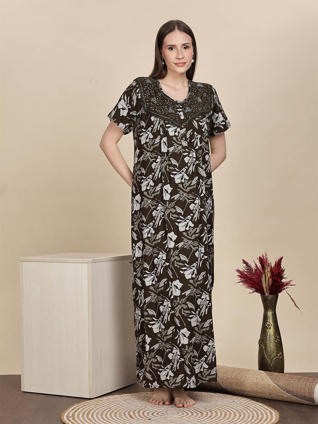 9shines Label Mehandi Green Pleated Embroidered with Pocket Nightdress