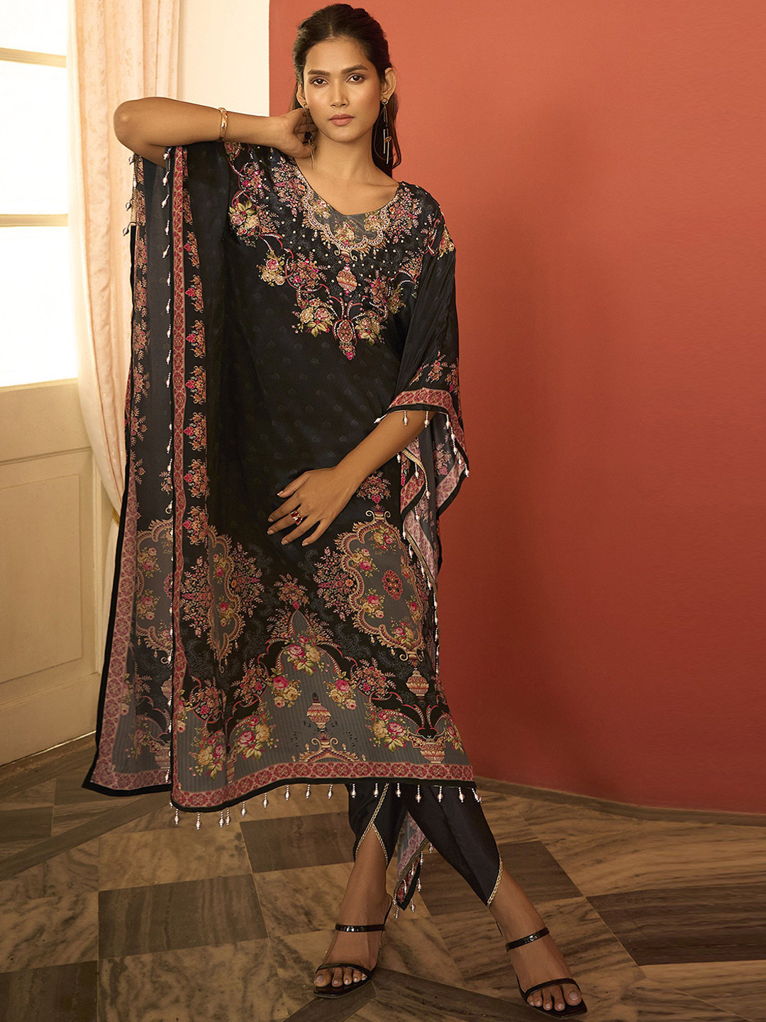 Anouk Ethnic Motifs Printed Thread Work Pure Silk Fusion Kurta With Dhoti Pants