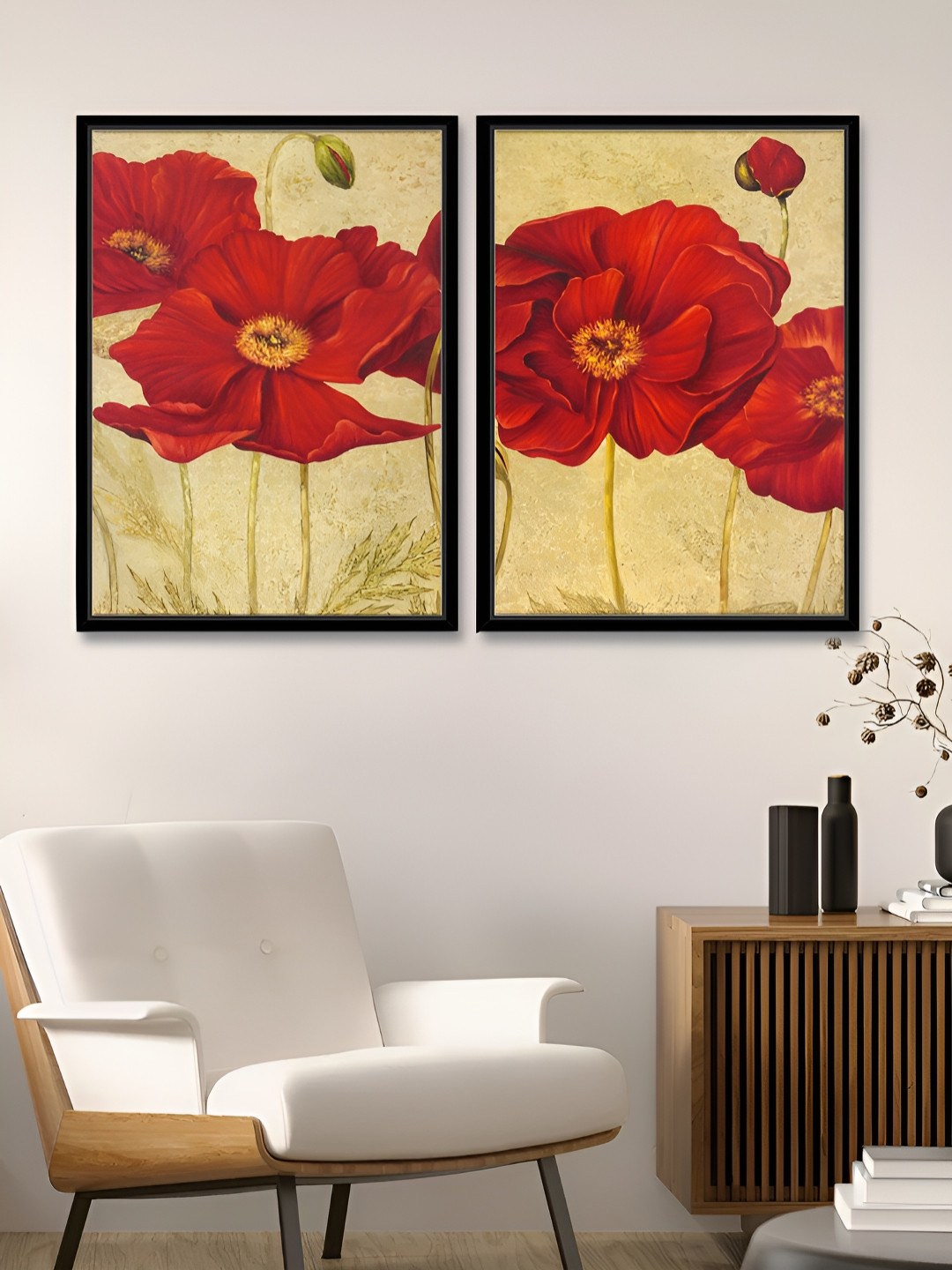 Art Street Retro Poppy Brown & Red 2 Pieces Floral Printed Canvas Wall Paintings