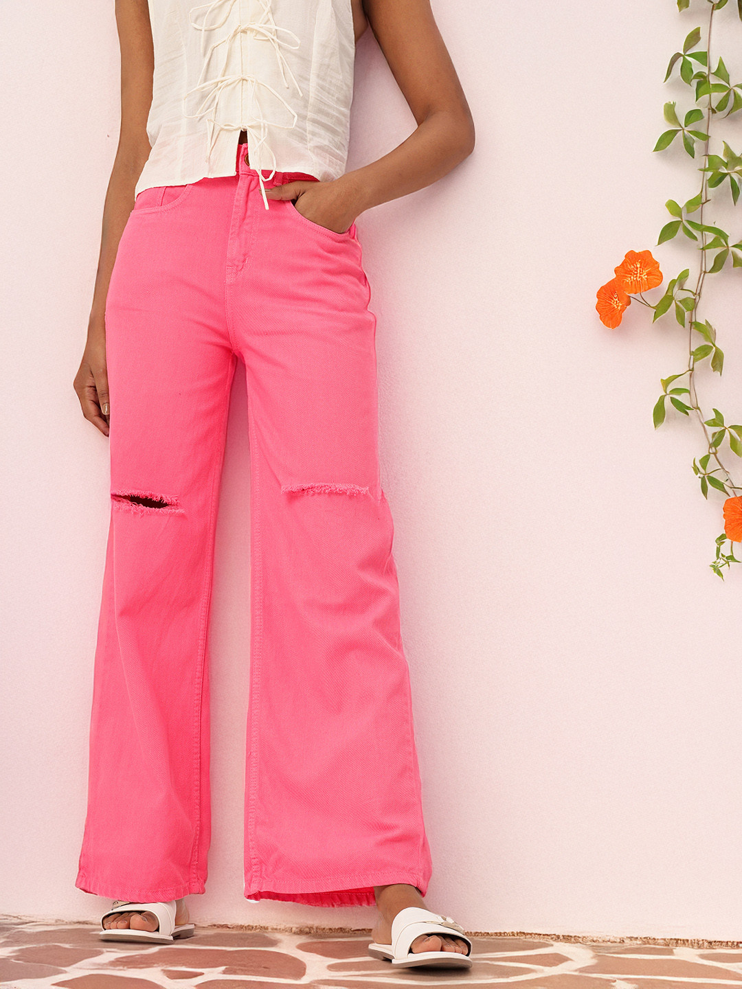 DressBerry  Slash Knee Wide Leg Jeans