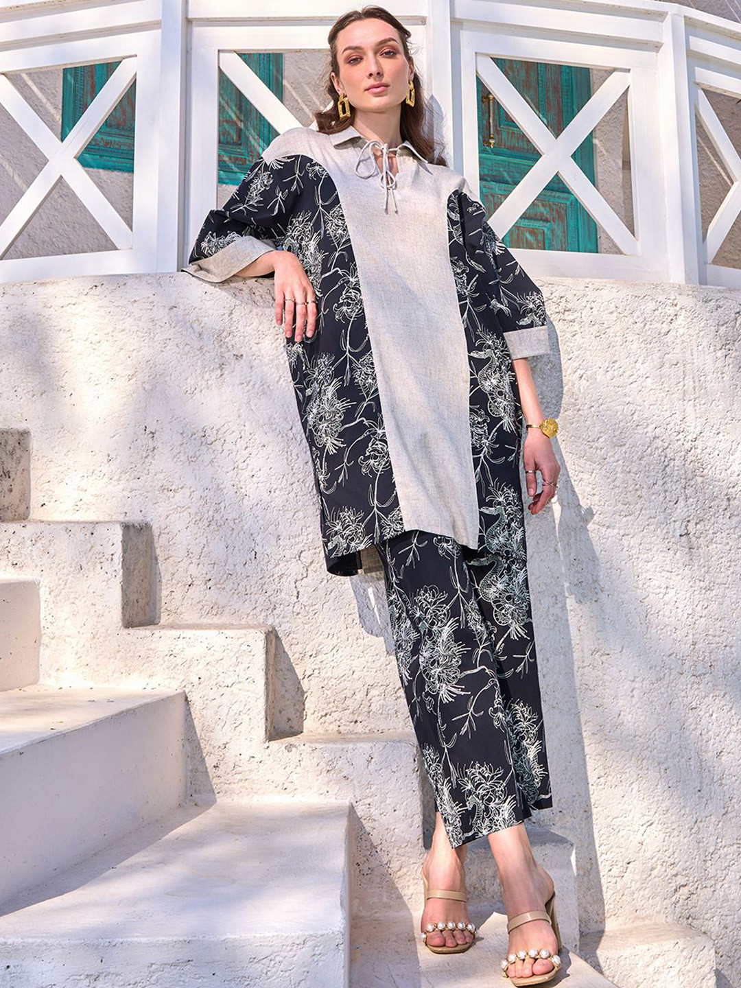 HOUSE OF FETT Cedrus Printed Shirt Collar Pure Cotton Tunic With Trouser