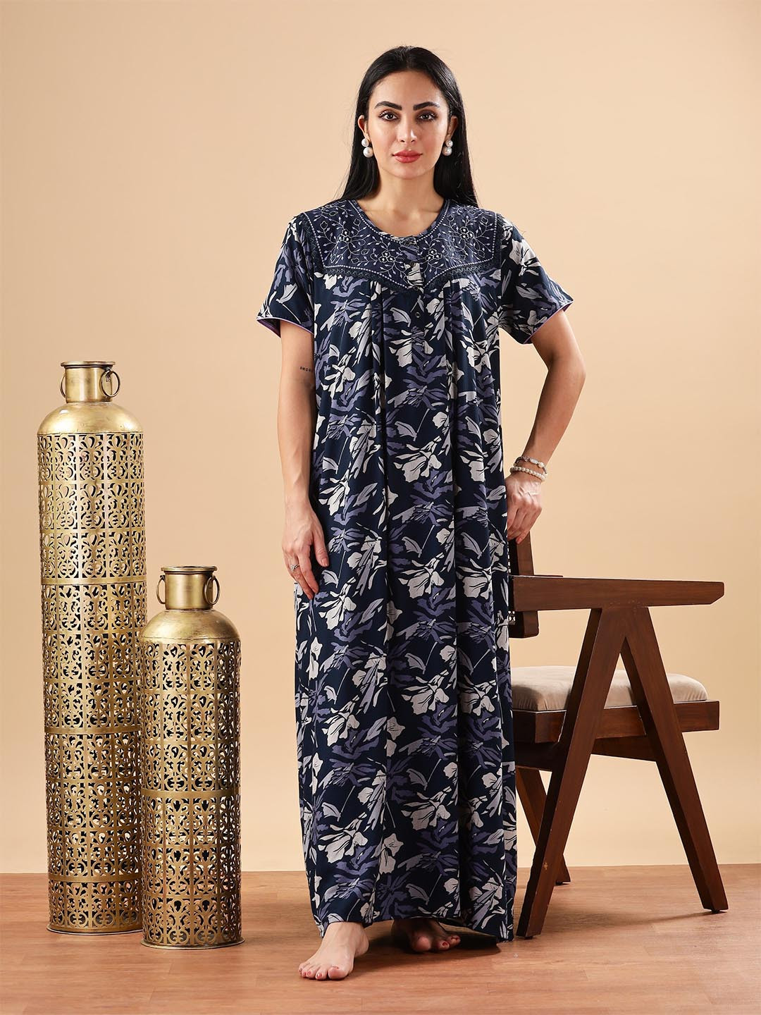 9shines Label Abstract Print Blue Front Open Buttons Embroidered Nightdress