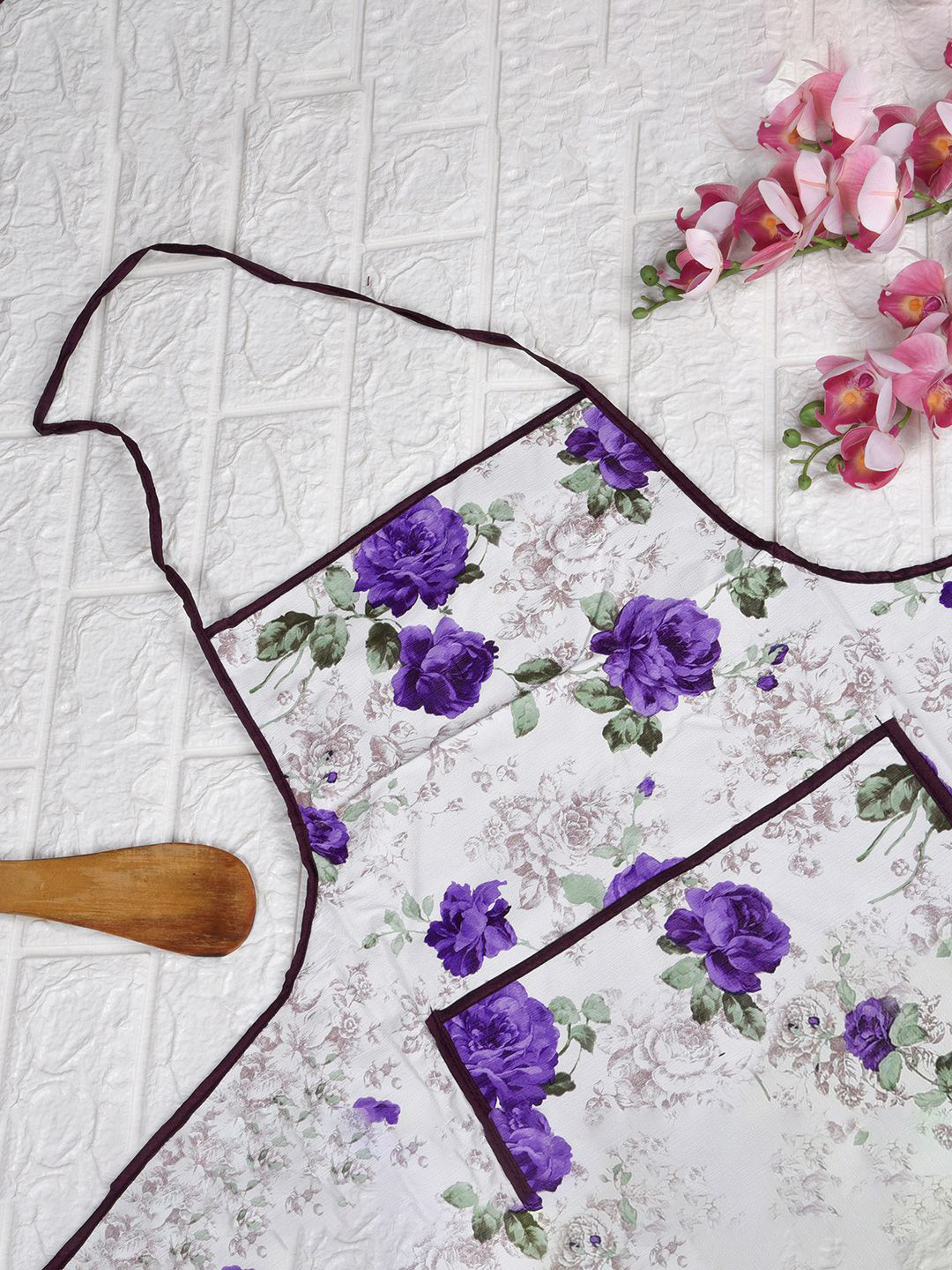 Kuber Industries White & Blue Floral Printed Skin Friendly Aprons With Ties