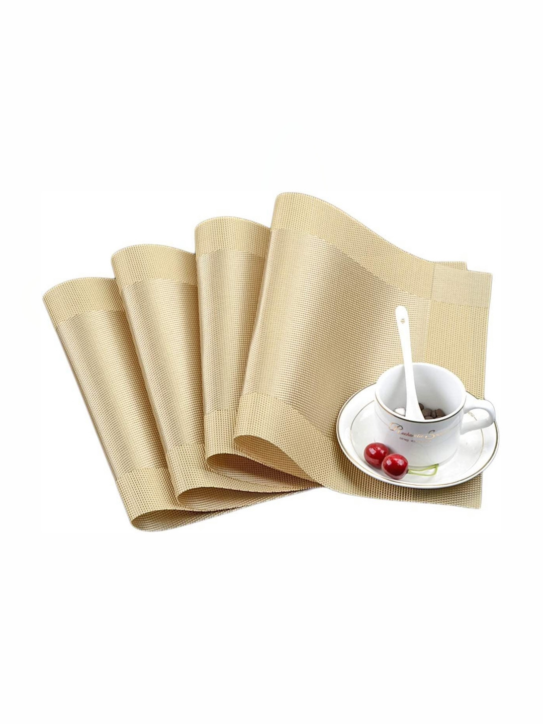 We3 Gold-Toned 4 Pieces Geometric Textured Woven Vinyl Washable Table Placemats