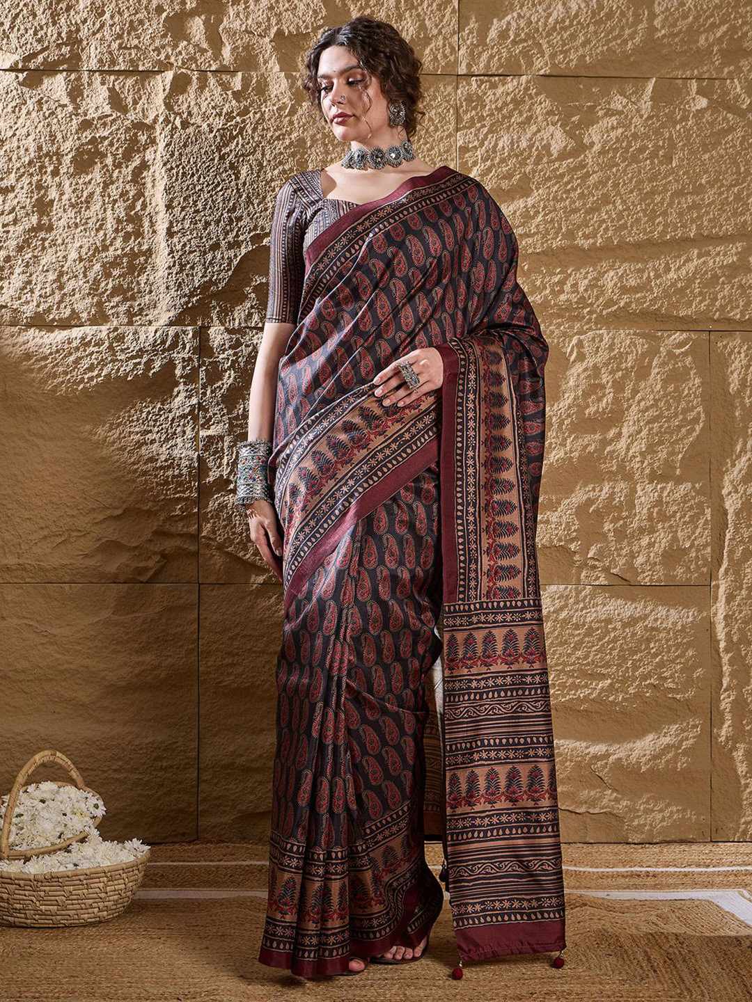 Mitera modal Ajrak Block Silk Blend Dabu SareeWith Blouse Piece
