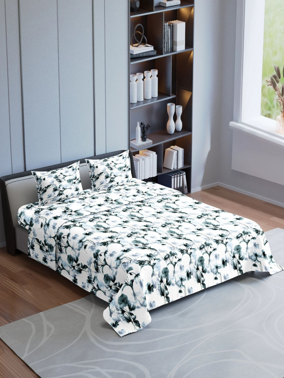 Synergized Cotton Floral Bloom Green Floral Cotton 180 TC Super King Fine Bedsheet with 2 Pillow Covers-108 x 108 inches