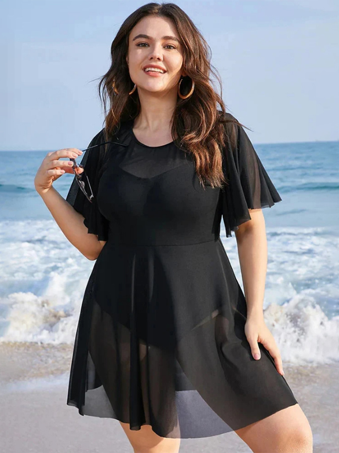 Plus Curvves Ruffle Sleeve Plus Size Swim Dress Cover Up