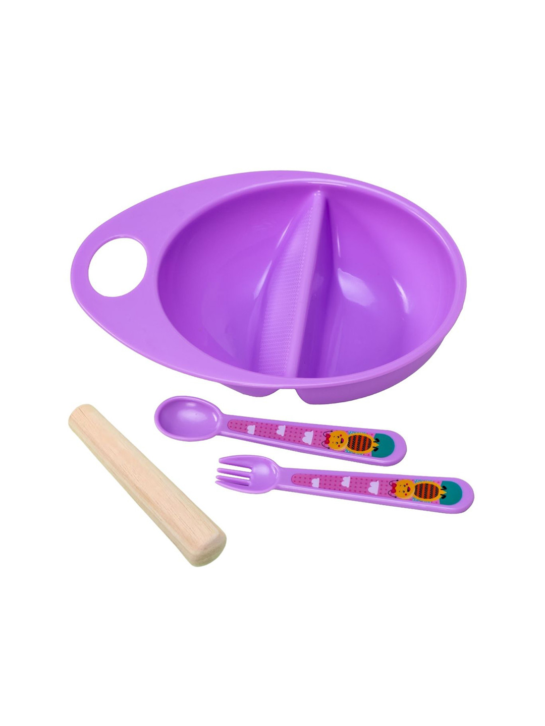 Adore Purple Baby Feeding Bowl with Spoon, Fork & Wooden Masher Utensils