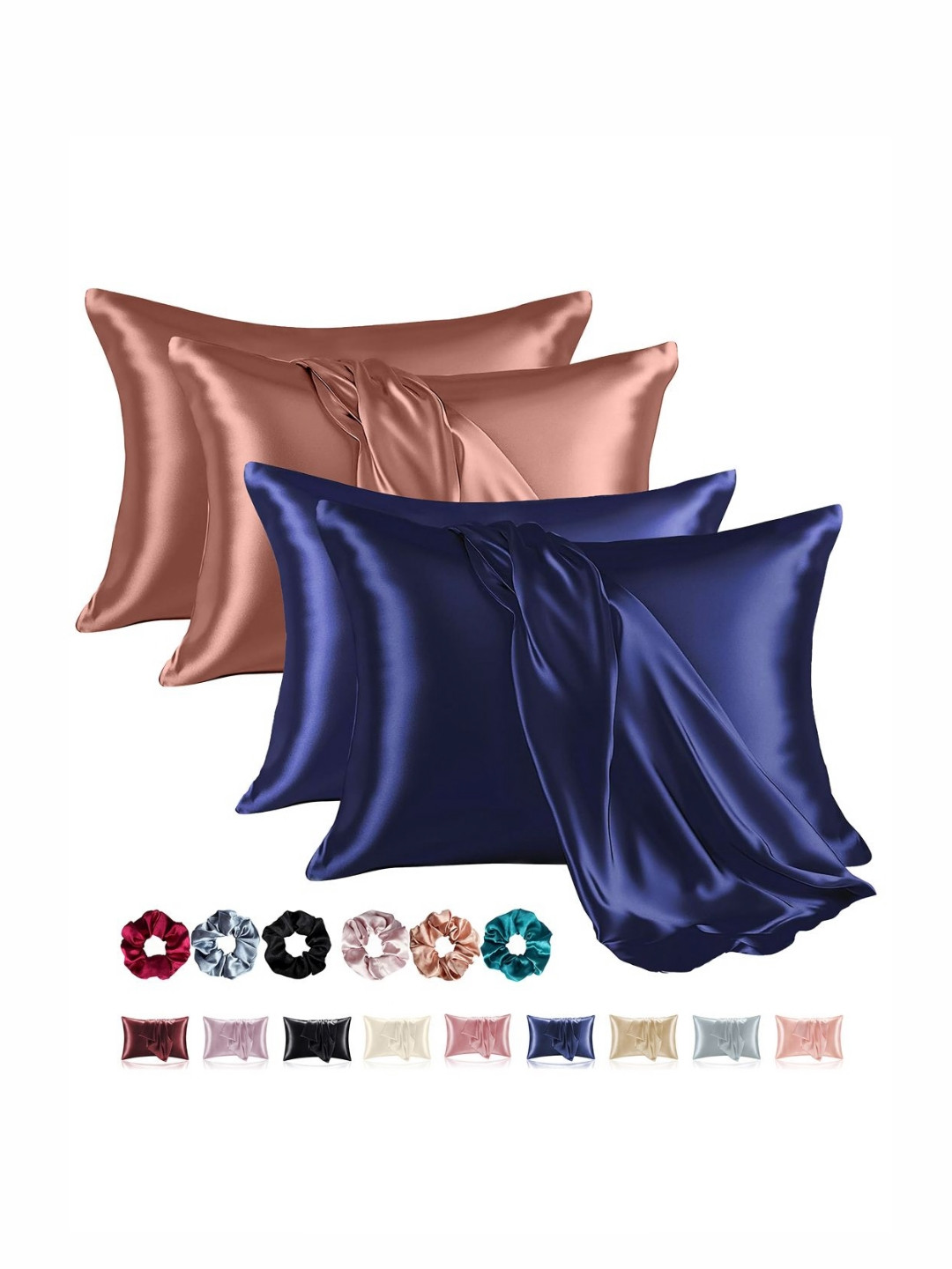 Aura Navy Blue & Copper-Toned 4 Pieces Solid Pure Silk Rectangle Pillow Covers
