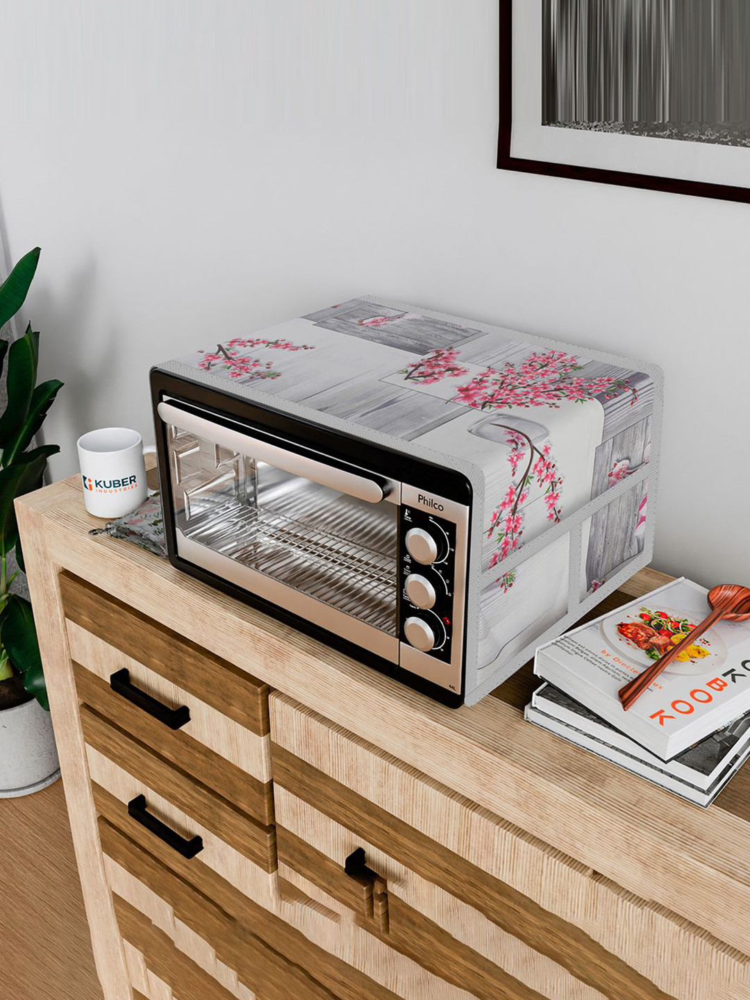 Kuber Industries Grey Floral Printed Microwave Oven Top Cover With 4 Utility Pockets