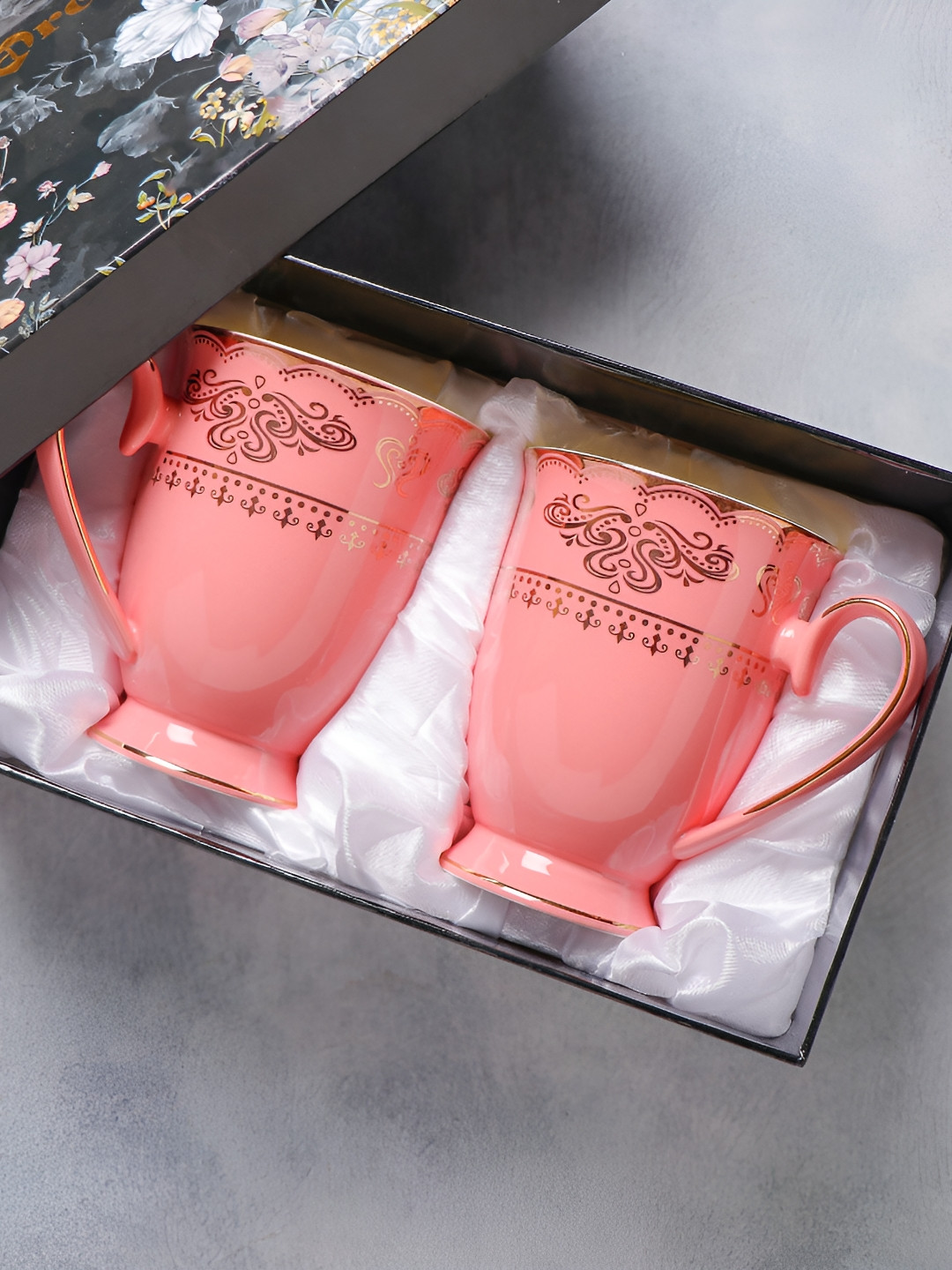 Archies Pink & Cream 2 Pieces Printed Ceramic Glossy Easy to Clean Mugs 350 ml Each