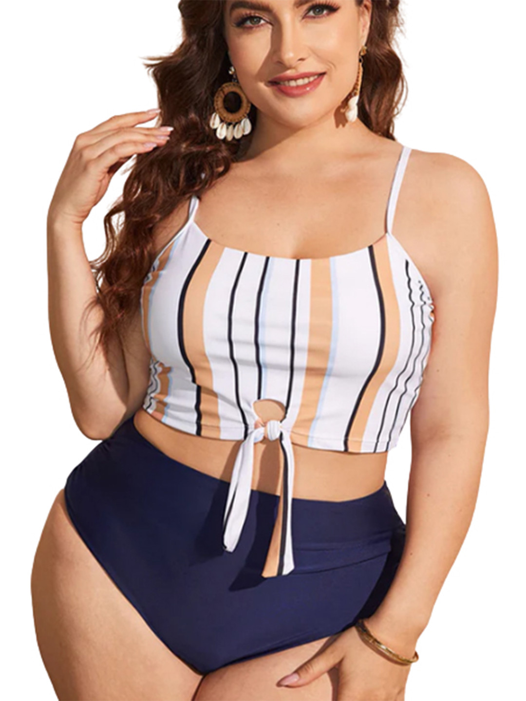 Plus Curvves Striped Knot Bikini Swimsuit