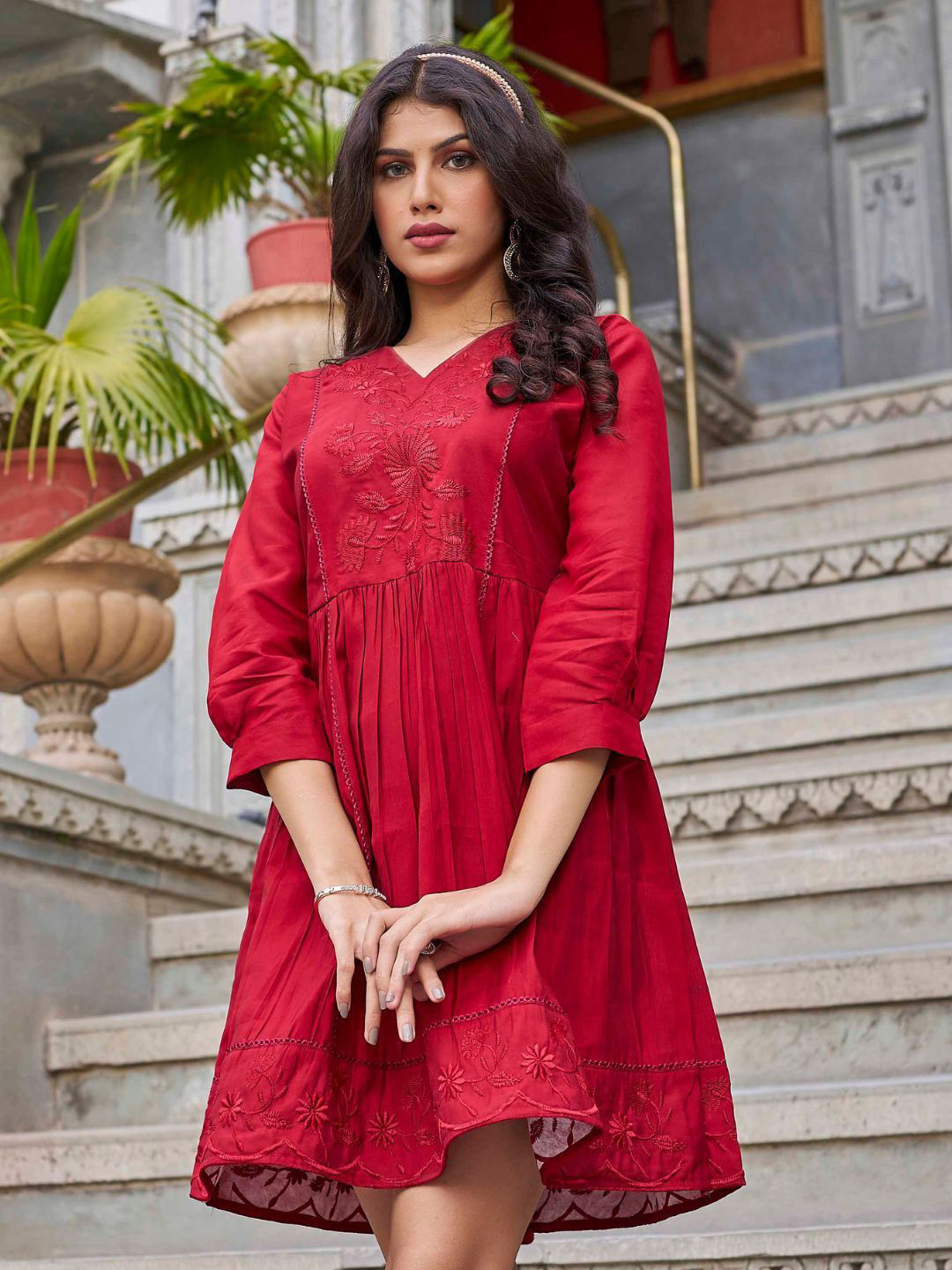 PEACH PIPER Floral Embroidered A-Line Dress