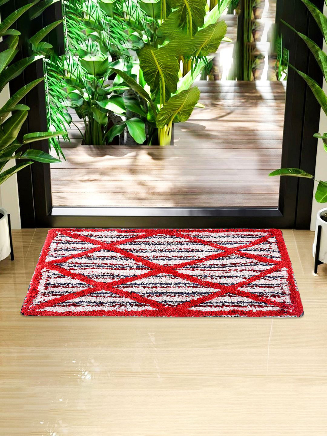 Kuber Industries Red & White Katli Mingle Rectangular Stain Resistant Dust Trapper Doormat