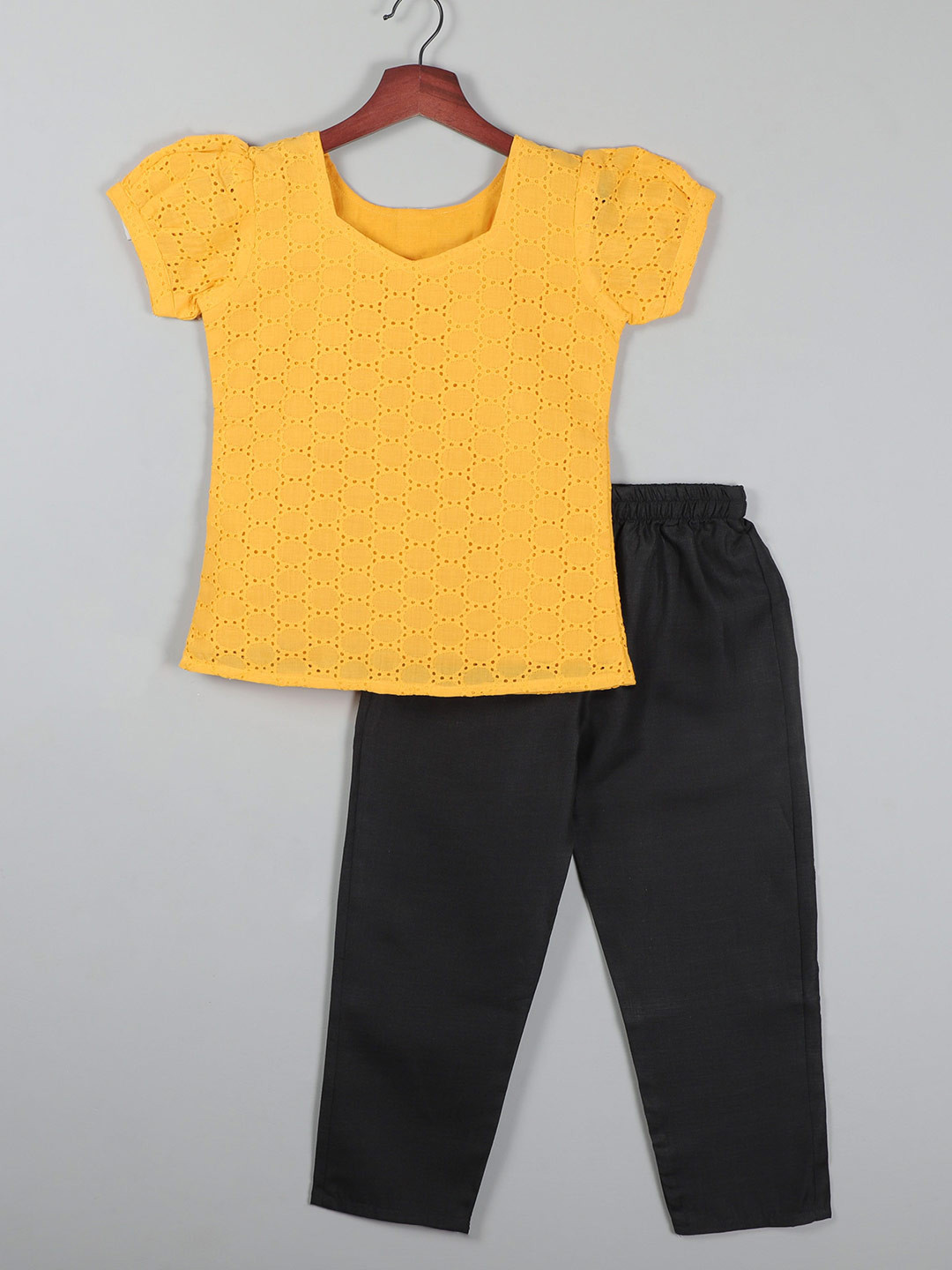 SHAHUDI DESIGNER Girls Self Design Square Neck Puffy Short Sleeves Top With Trousers