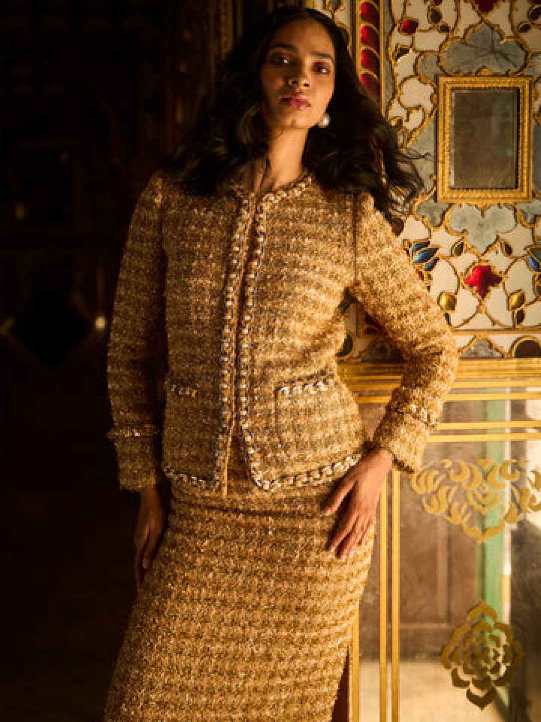 Dash and Dot Gold Boucl Jacket and Skirt Co-Ords