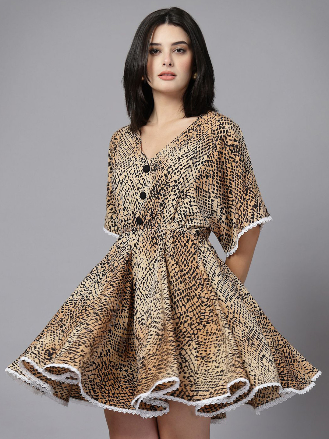 KASSUALLY Animal Print Batwing Sleeve Crepe Fit & Flare Dress