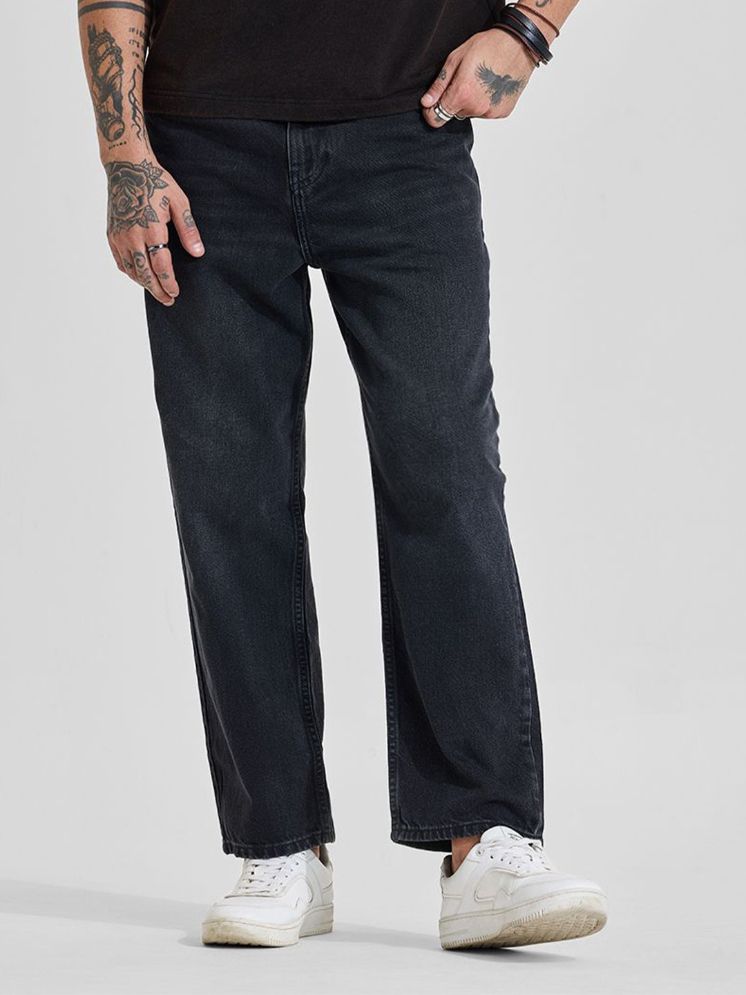 Snitch Men Dark Charcoal Black Mid-Rise Relaxed Fit Jeans