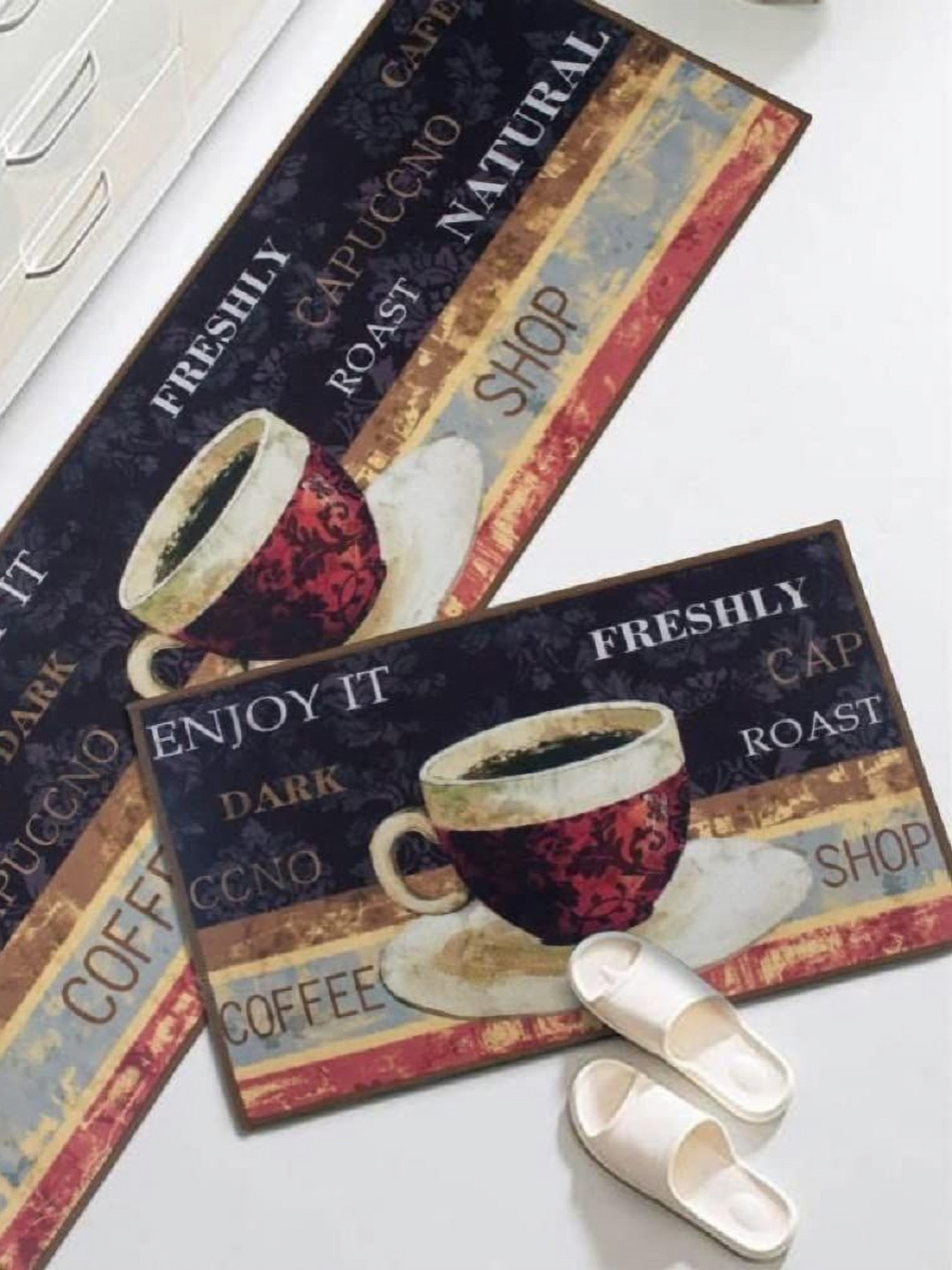 FAVRIA Black & Red 2 Pieces Printed Velvet Waterproof Kitchen Mats