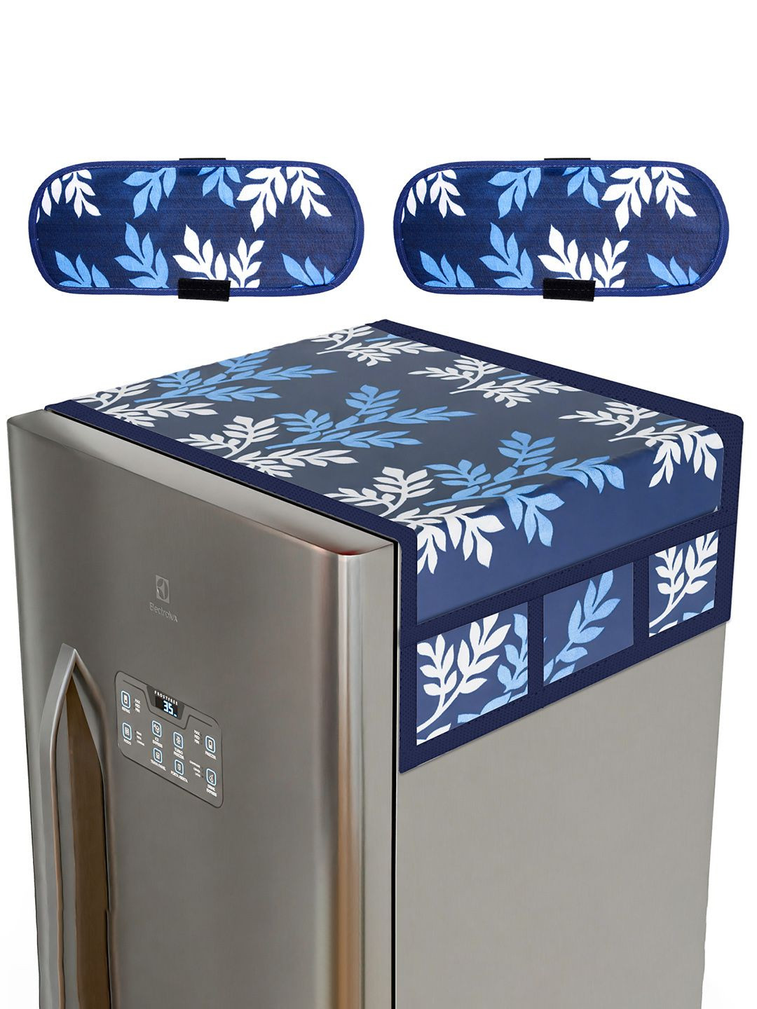 Kuber Industries Blue & White 3 Pieces Floral Printed Cotton Fridge Top & Handle Cover Set
