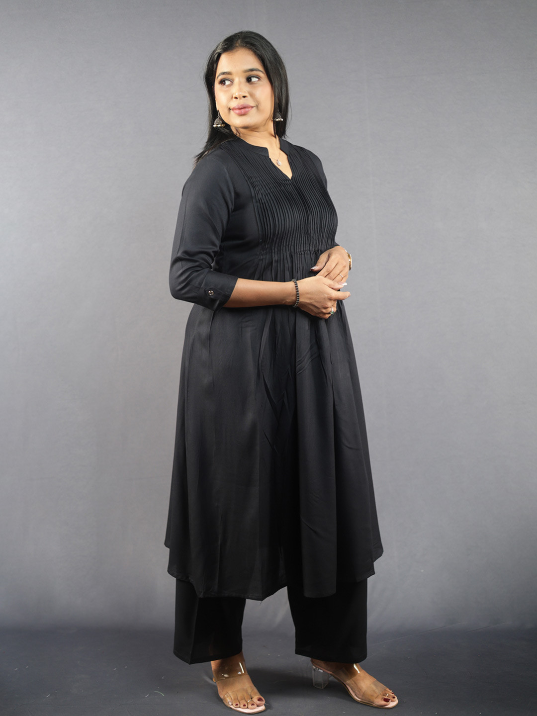 ZARIA Mandarin Collar Pleated A-Line Kurta With Palazzos