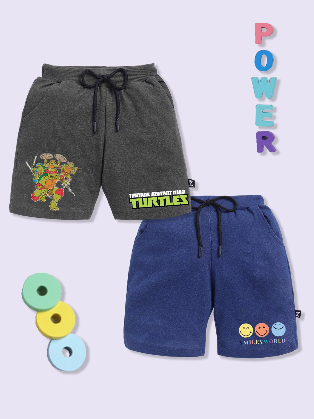 YK X Minute Mirth Boys Assorted Pack Of 2 Mutant Ninja Turtles Printed Cotton Shorts