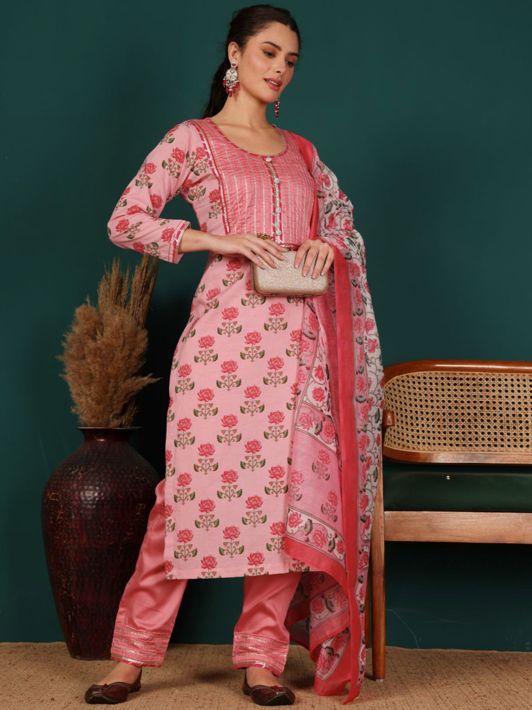 Lative Colours of Fashion Women Yoke Design Regular Gotta Patti Pure Cotton Kurta with Trousers & With