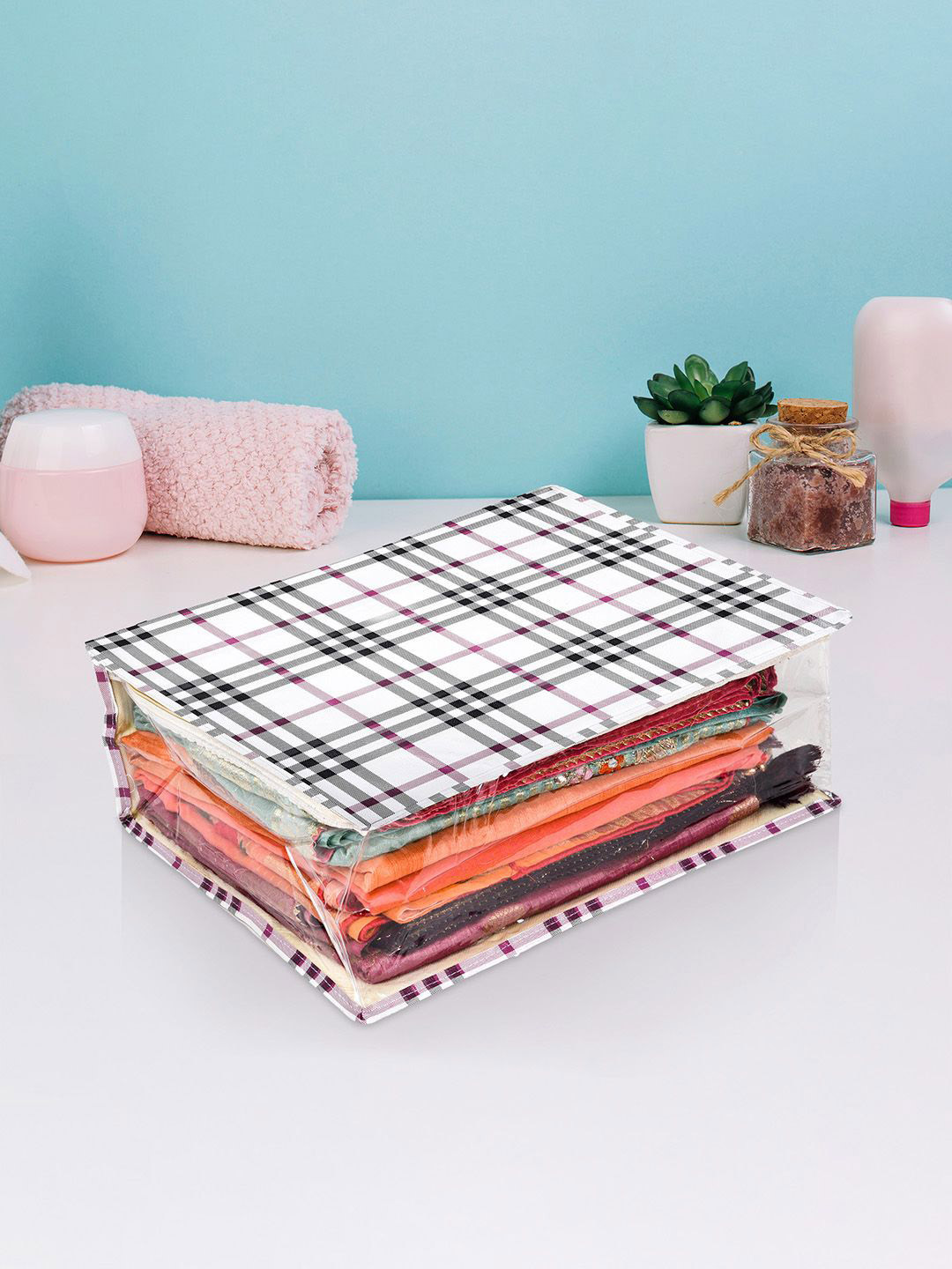 Kuber Industries Cream-Coloured & Transparent Checked Saree Cover With Zip