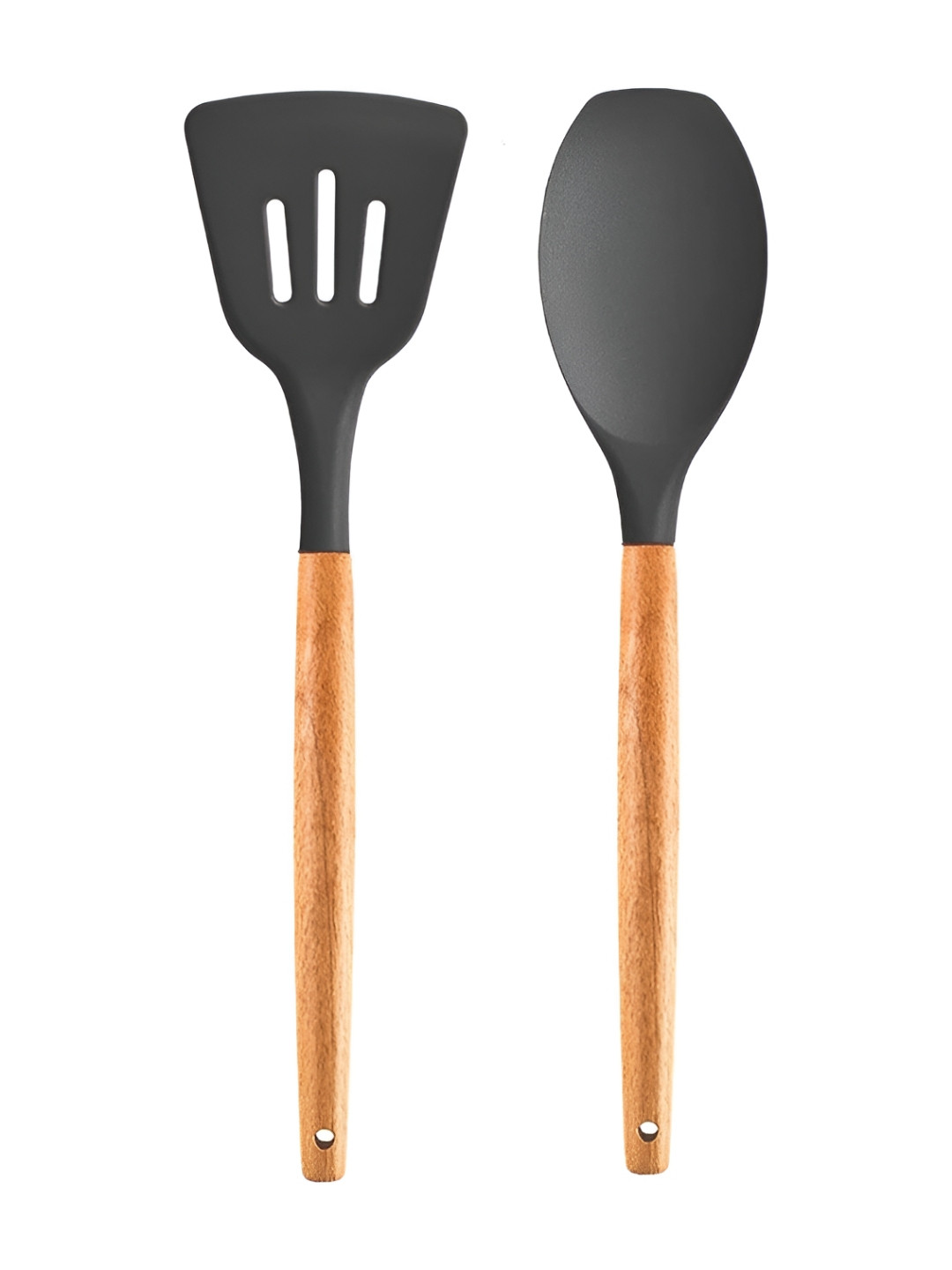 We3 Grey & Brown 2 Pieces Silicone Slotted Turner And Spoon Spatula