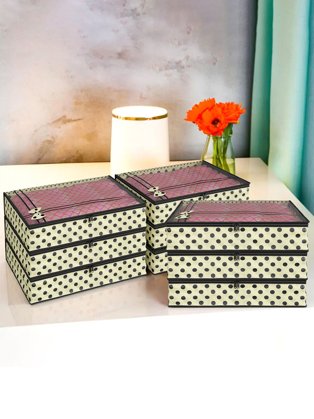 Kuber Industries Set of 9 Cream-Coloured Polka Dots Bow Printed Saree Cover With Zip