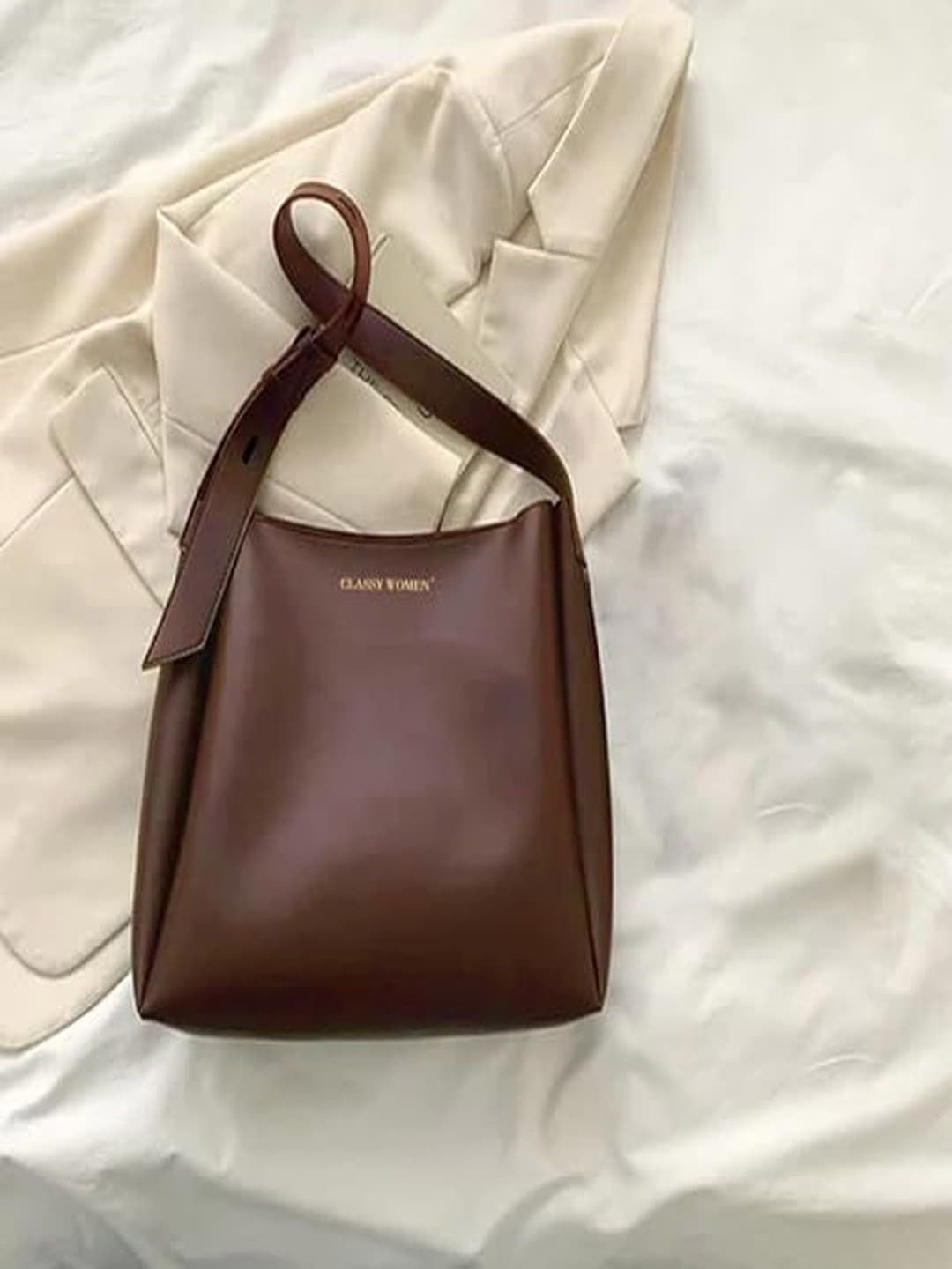 CLASSY WOMEN Leather Bucket Shoulder Bag