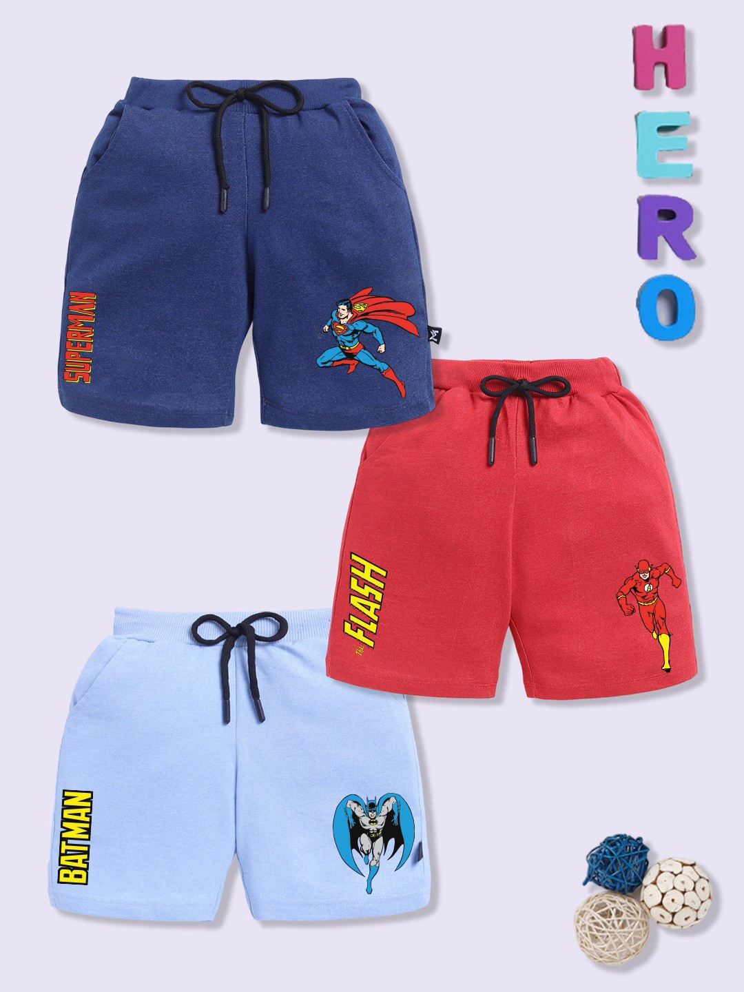 YK X Minute Mirth Boys Set of 3 Assorted Printed Justice League Shorts