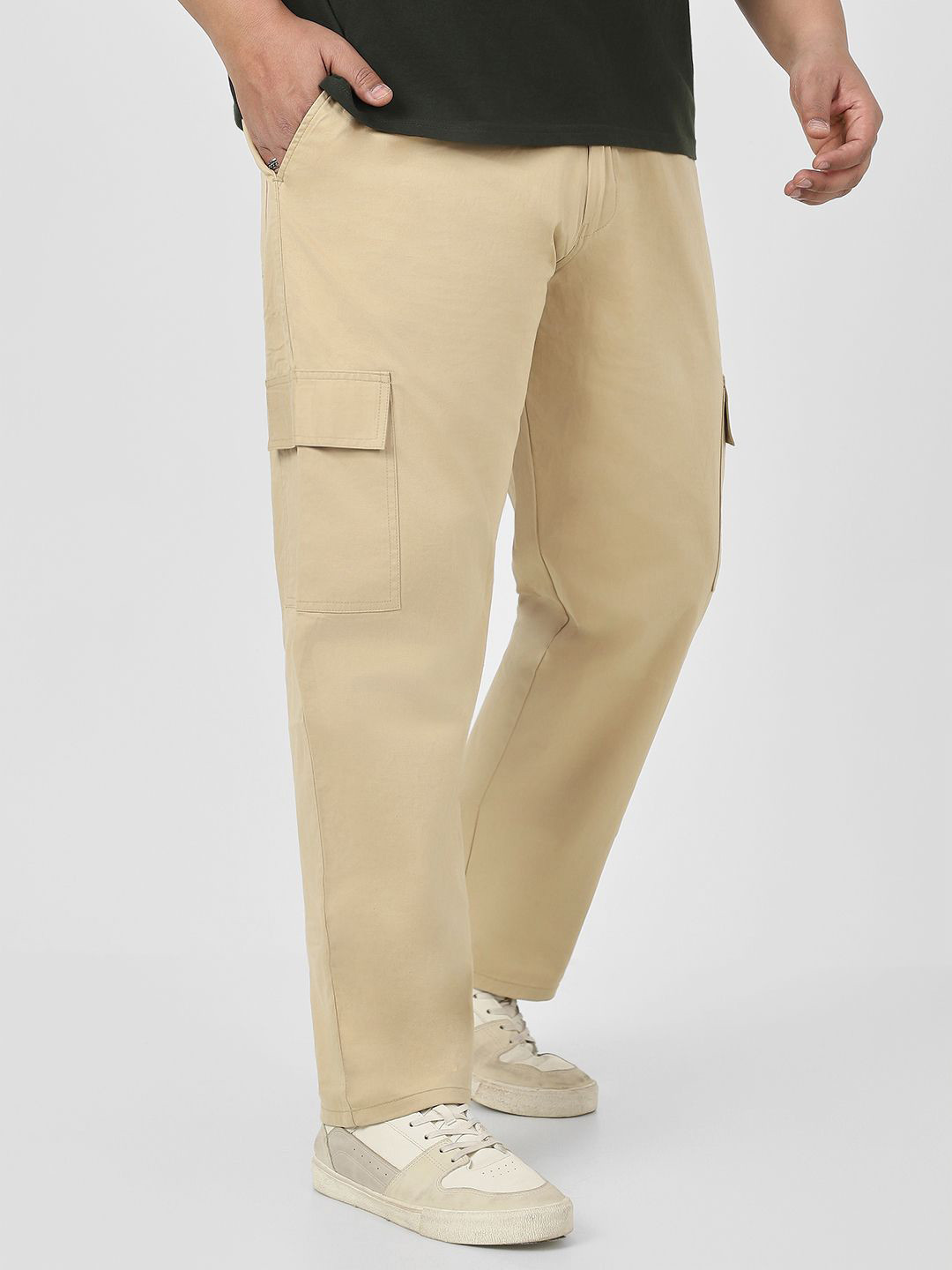 Urbano Plus Men's Beige Regular Fit Solid Cargo Chino Pant with 6 Pockets