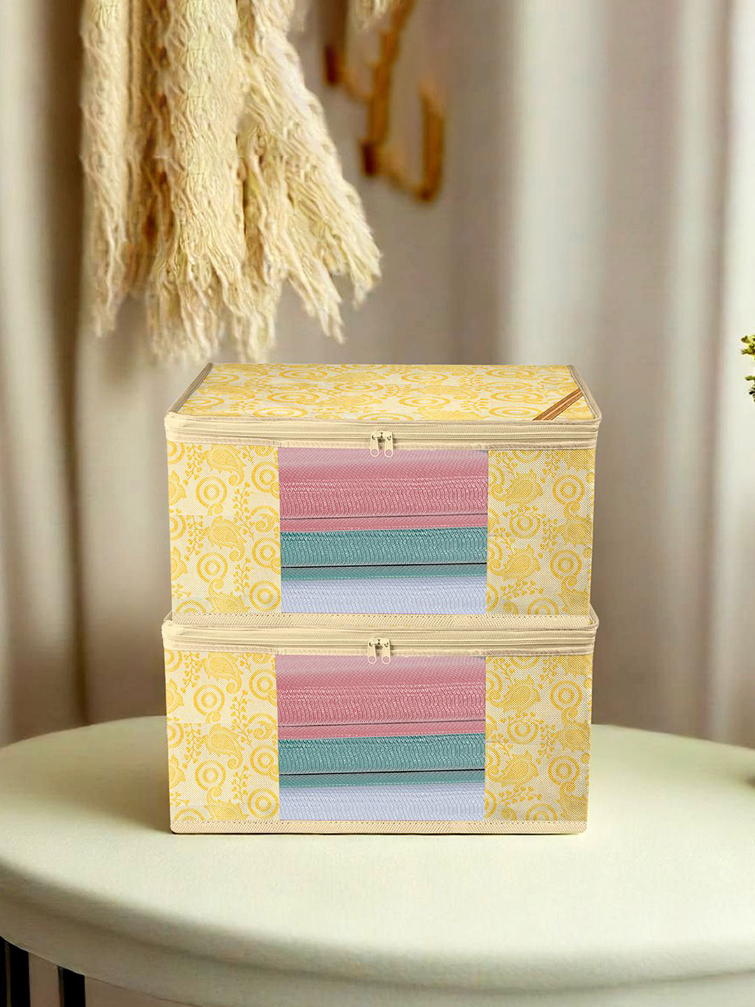 Kuber Industries Yellow & White 2 Pieces Transparent Window Storage Bag Under Garment Kit