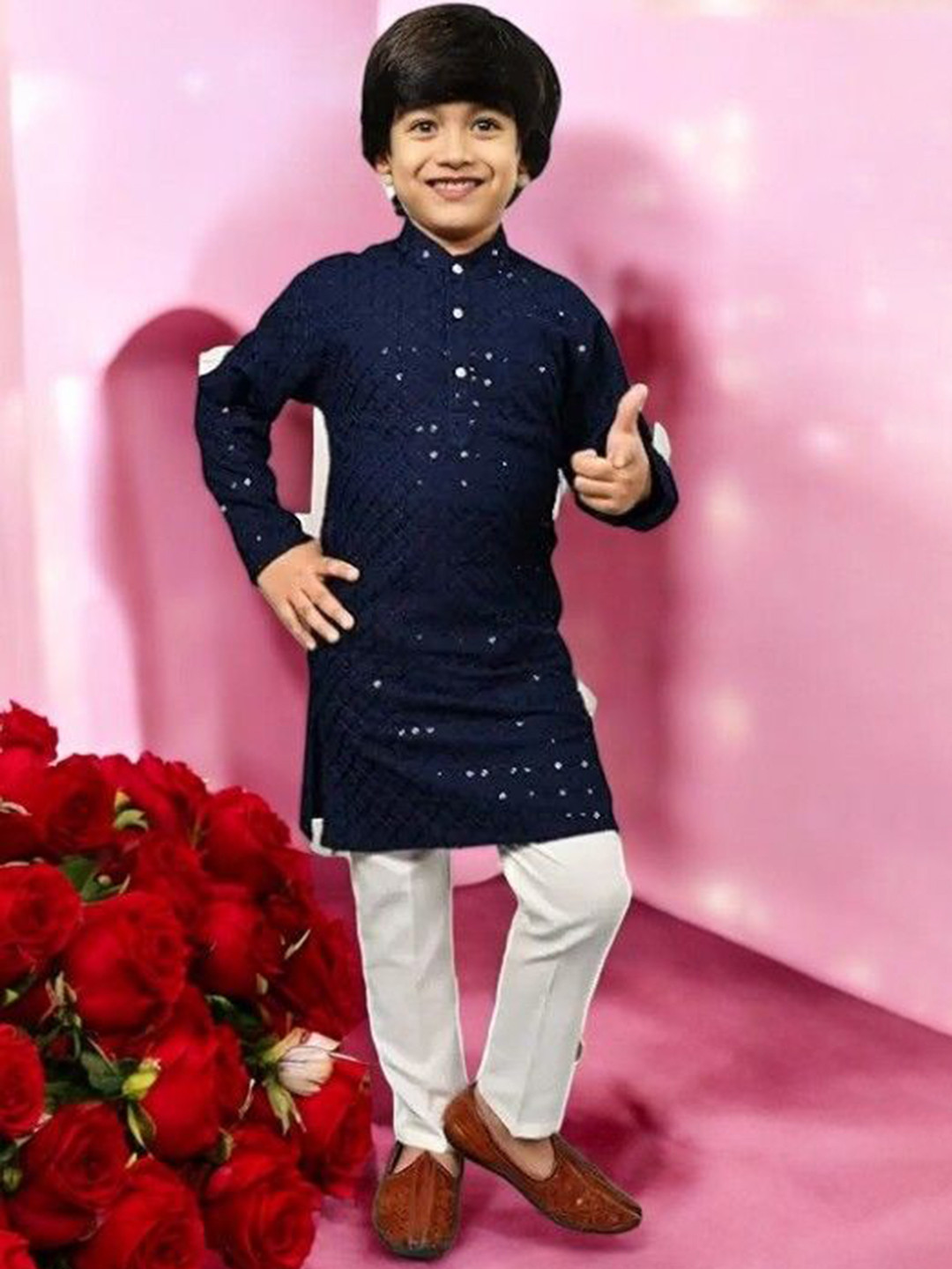 Qtsy Boys Embroidered Regular Mirror Work Pure Cotton Kurta with Pyjamas