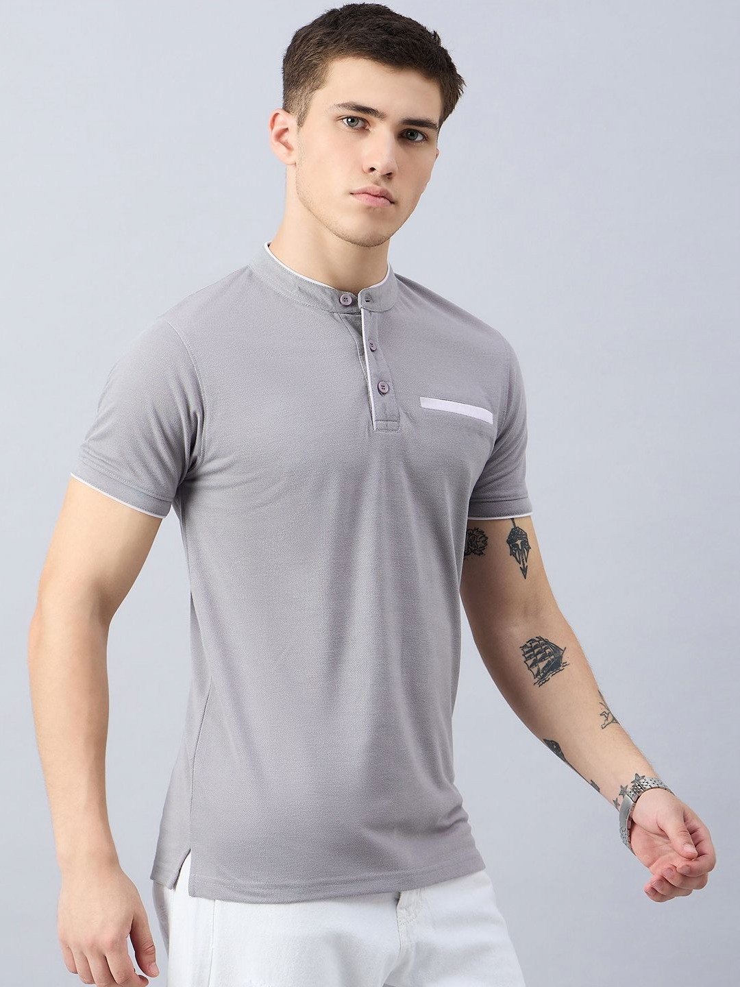 Zigo Men Mandarin Collar Pockets T-shirt