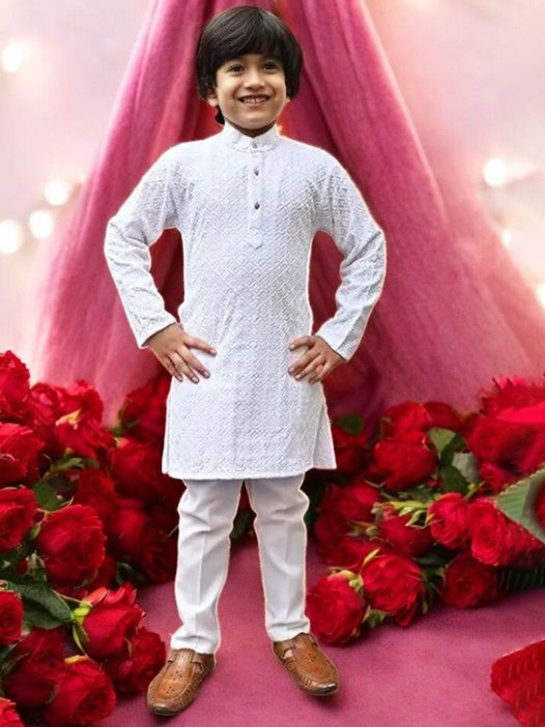 Qtsy Boys Floral Embroidered Regular Mirror Work Pure Cotton Kurta with Pyjamas