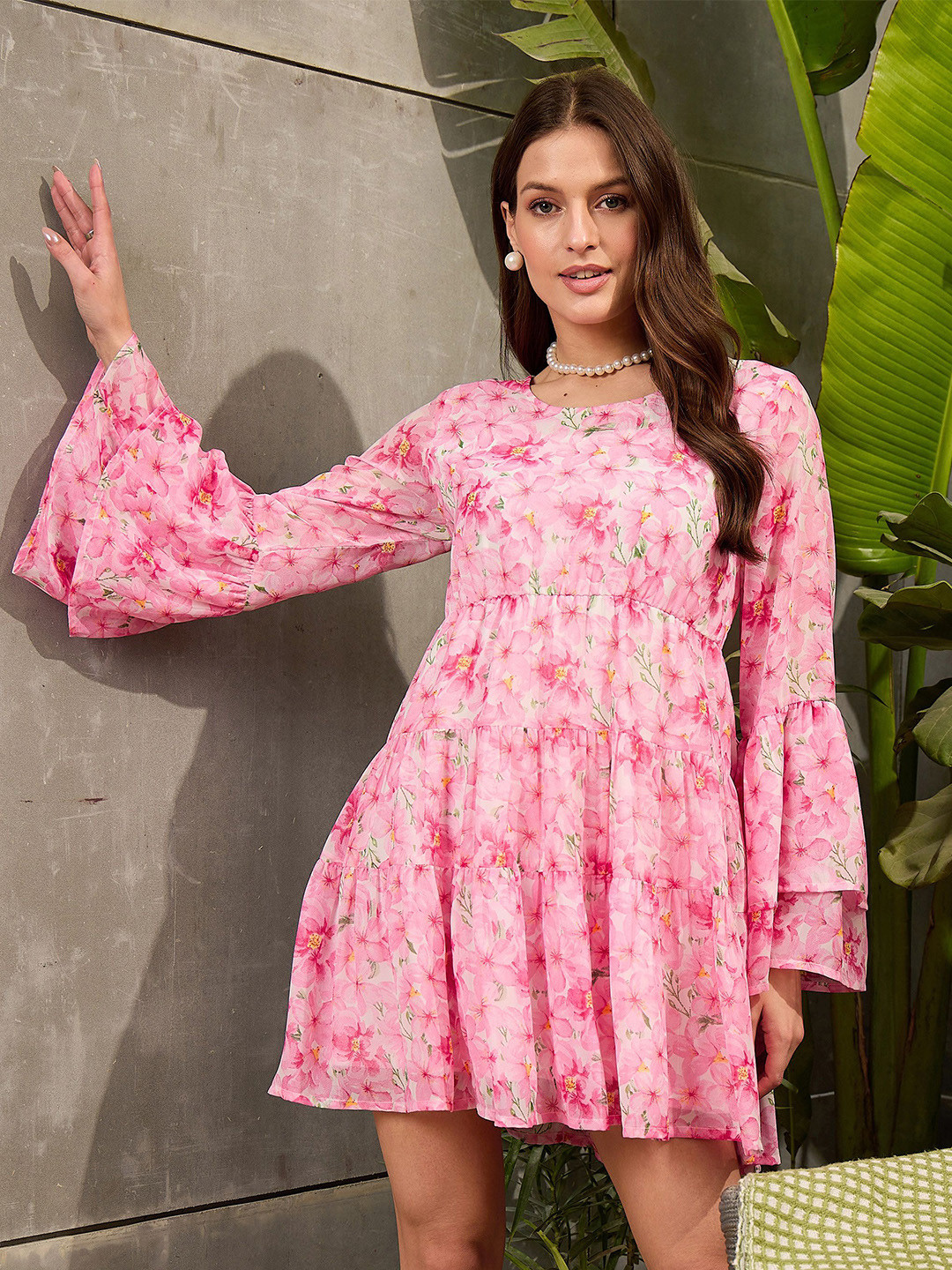 SASSAFRAS Floral Print Bell Sleeve Georgette Fit & Flare Dress