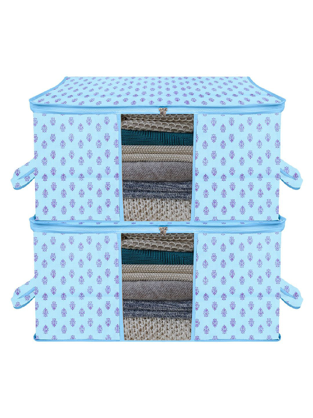 Kuber Industries Blue & Purple 2 Pieces Floral Printed Underbed Storage Bags